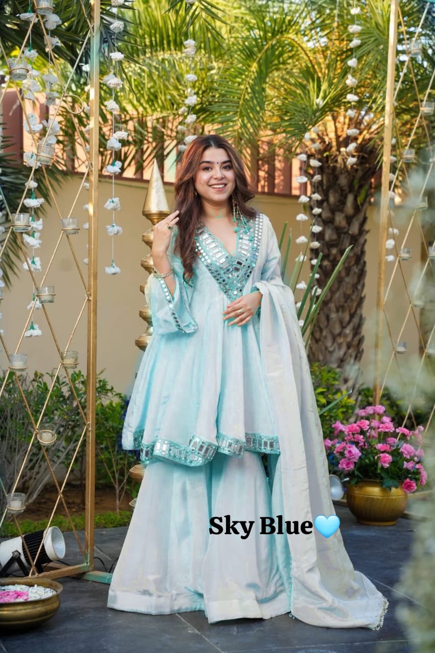 Designer Chinon Silk Peplum Dress with Gharara & Dupatta Designer Chinon Silk Peplum Dress with Gharara & Dupatta