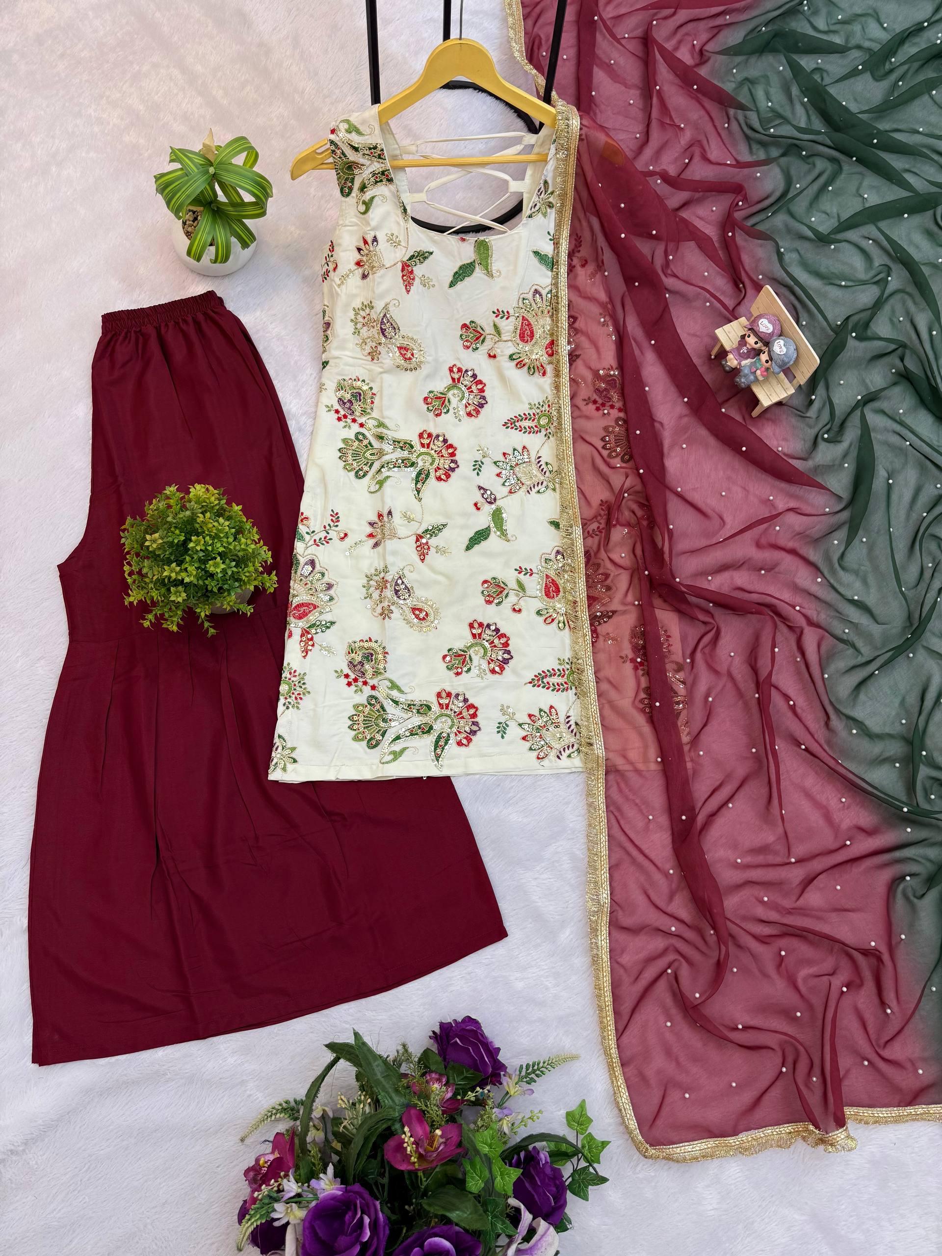 Natural Silk Embroidered Kurti Sharara Set with Dupatta Natural Silk Embroidered Kurti Sharara Set with Dupatta