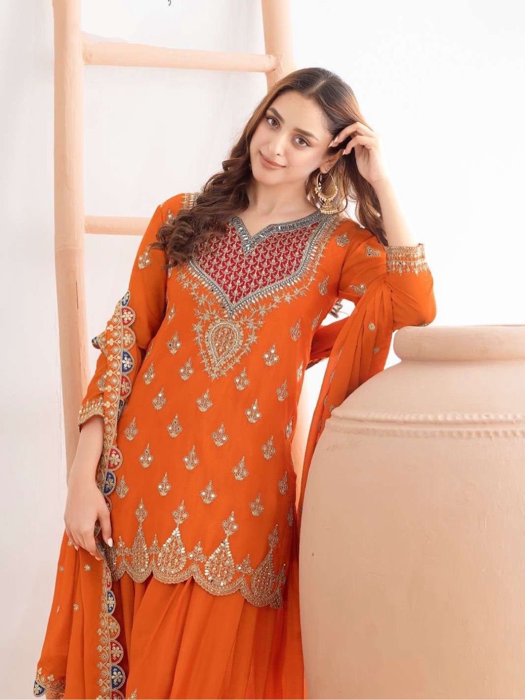 Designer Chinon Silk Party Sharara Suit Set Designer Chinon Silk Party Sharara Suit Set