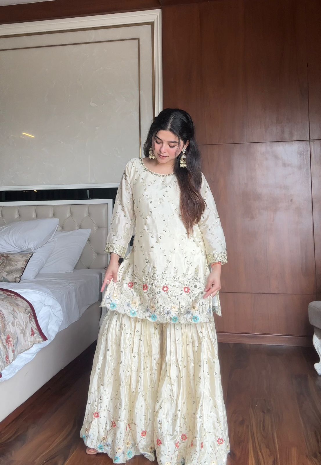 Ivory Chinon Embroidered Sharara Set with Dupatta Ivory Chinon Embroidered Sharara Set with Dupatta