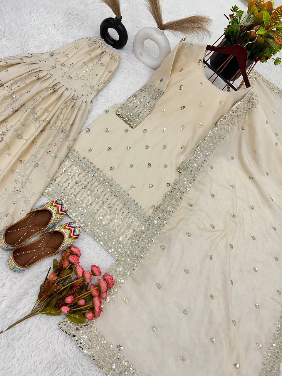 Pure Chinnon Embroidered Top Gharara Dupatta Set Pure Chinnon Embroidered Top Gharara Dupatta Set