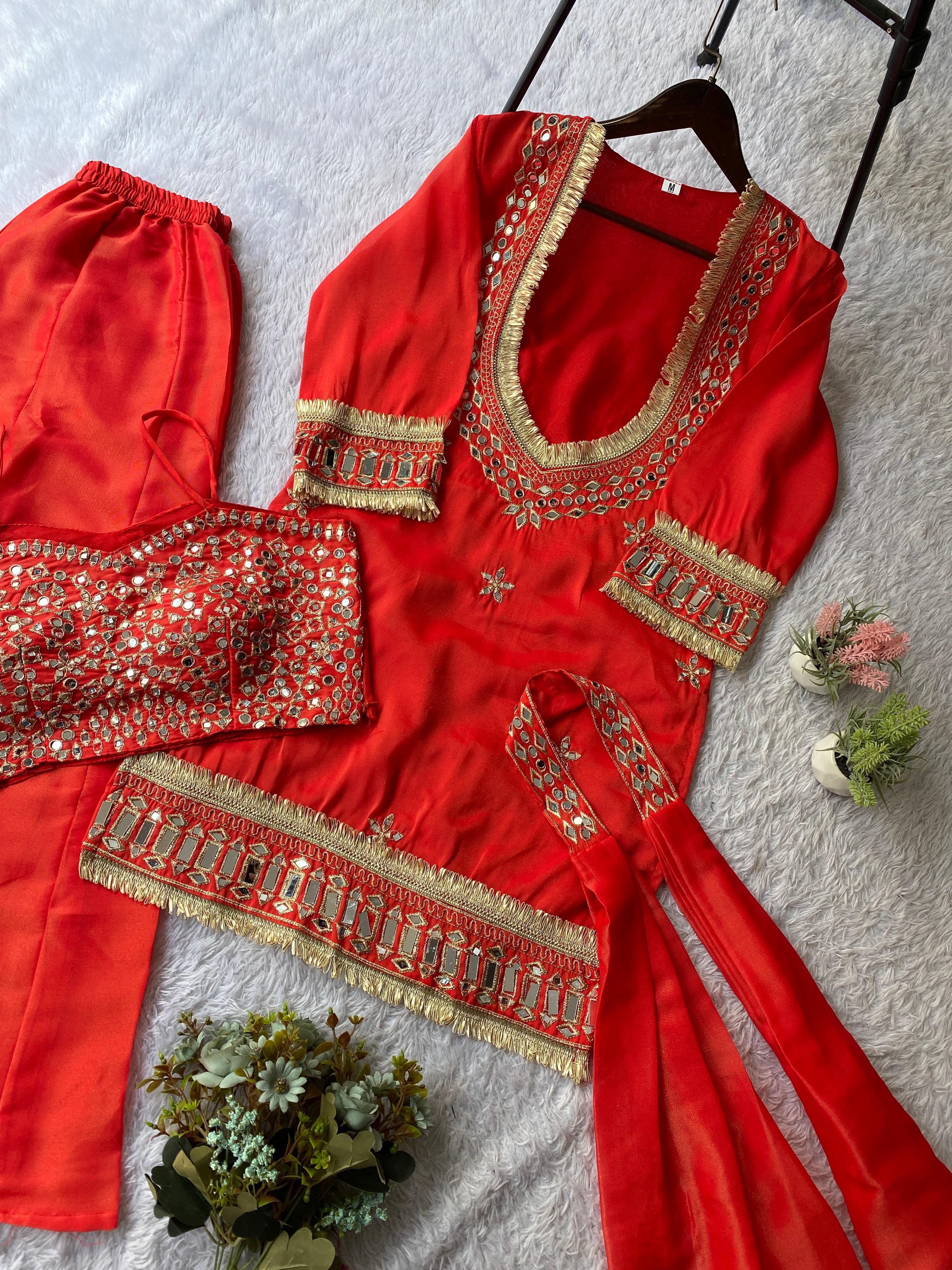 Exclusive 4-Piece Palazzo Set with Real Mirror Work Exclusive 4-Piece Palazzo Set with Real Mirror Work