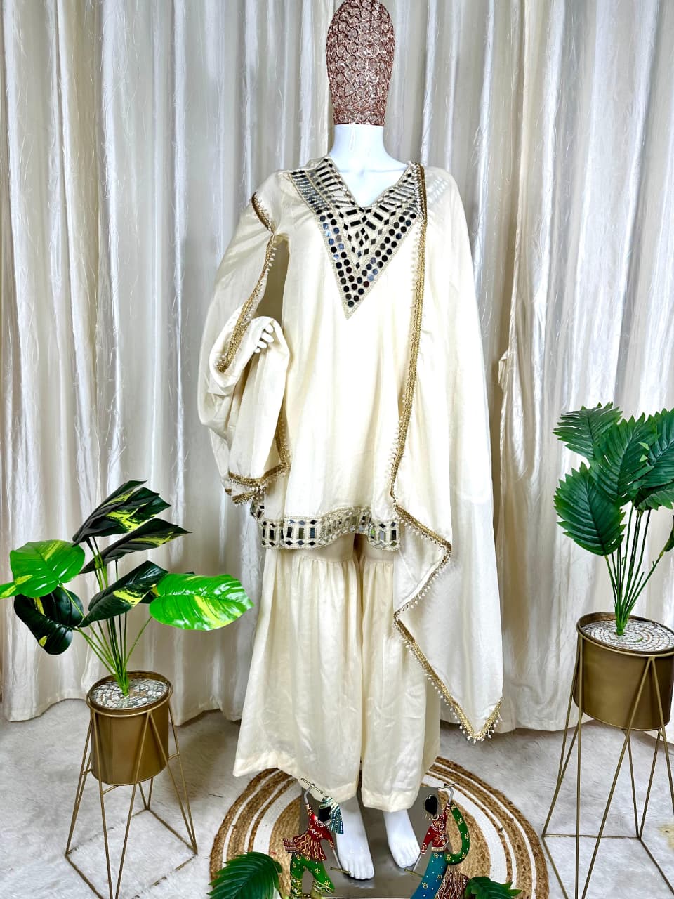 Designer Chinon Silk Peplum Dress with Gharara & Dupatta Designer Chinon Silk Peplum Dress with Gharara & Dupatta