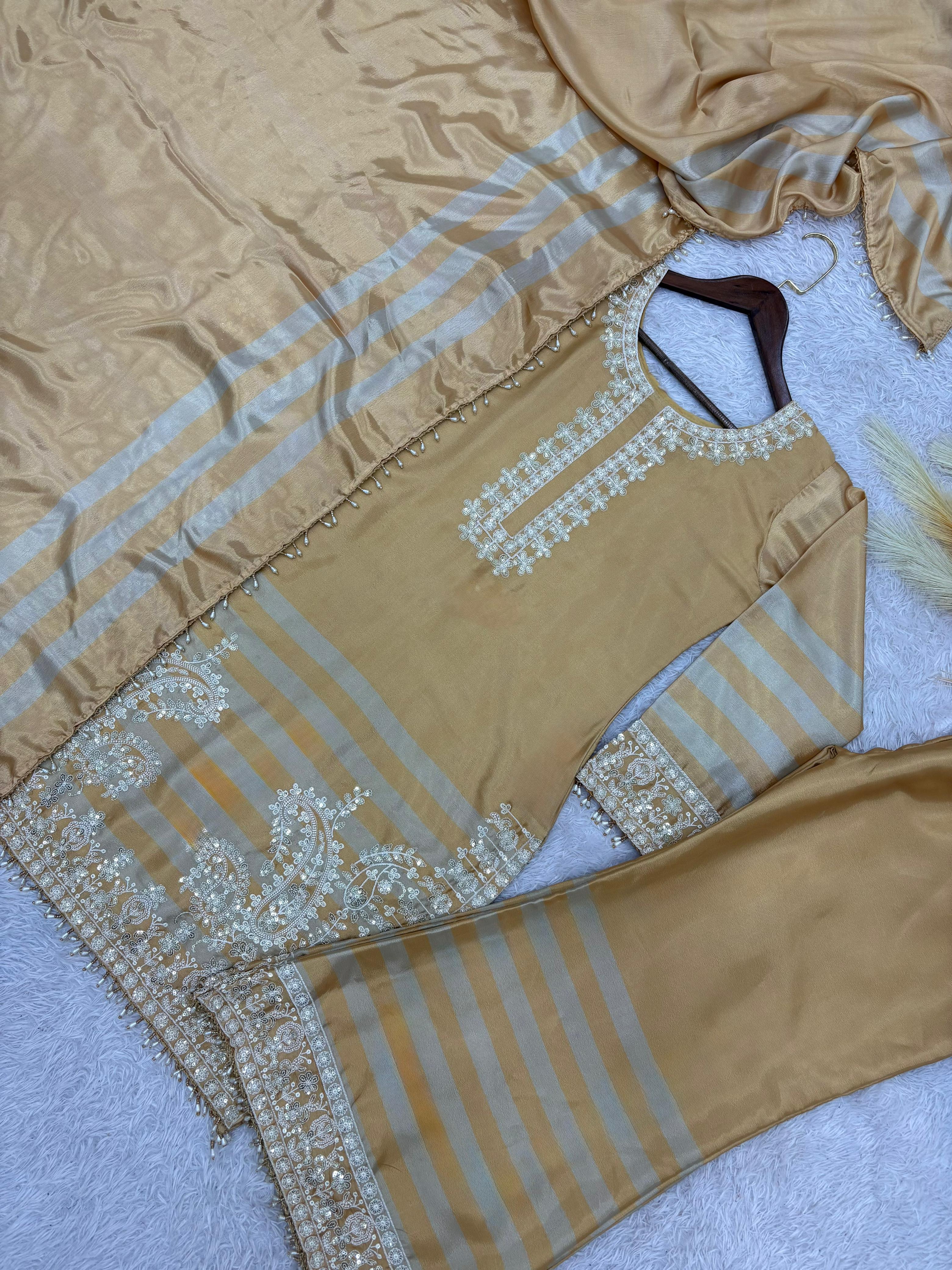 Embroidered Chinon Silk Top Plazzo Set with Dupatta Embroidered Chinon Silk Top Plazzo Set with Dupatta