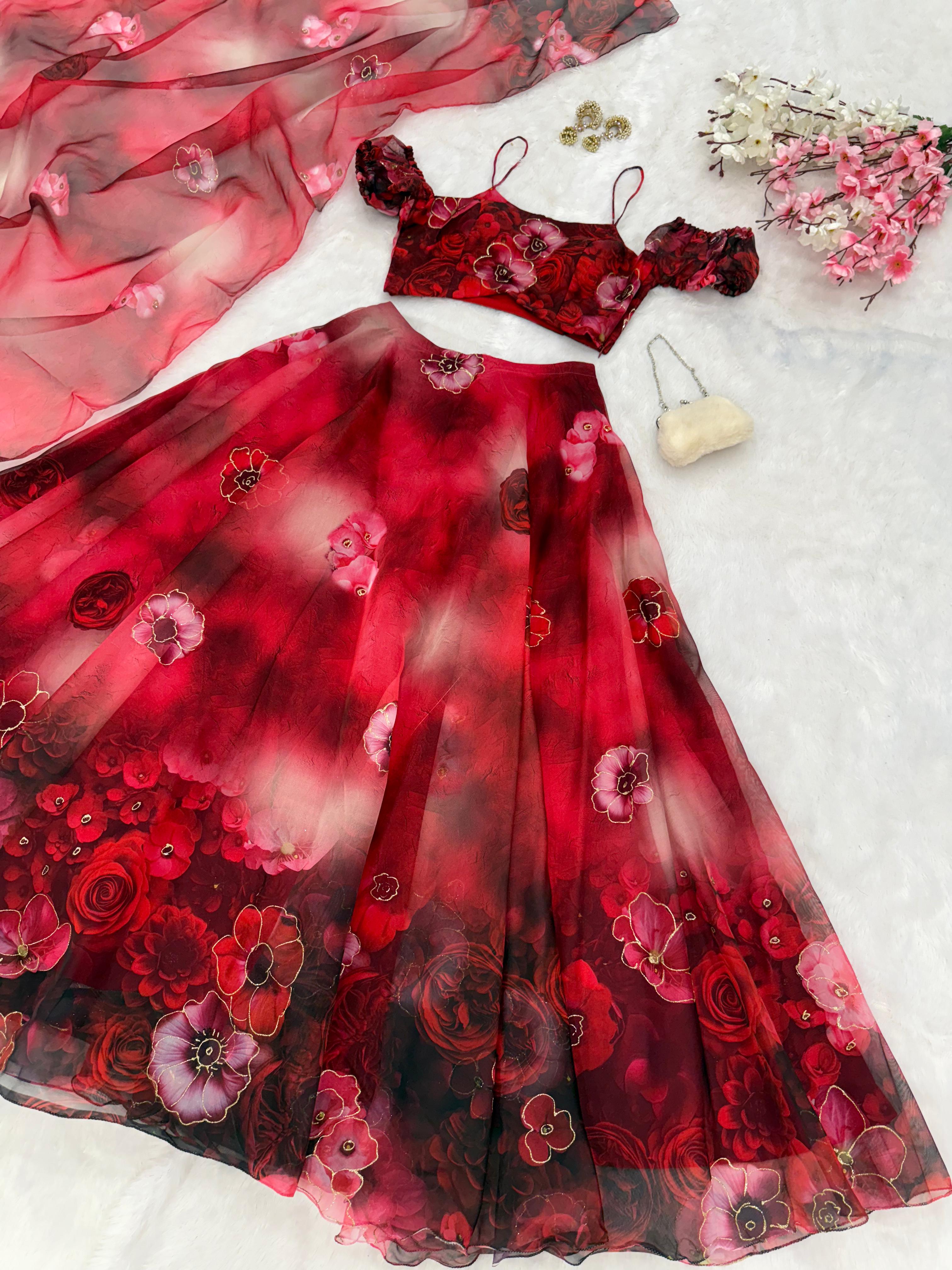 Exclusive Organza Digital Print Lehenga Set with Batwa Bag Exclusive Organza Digital Print Lehenga Set with Batwa Bag