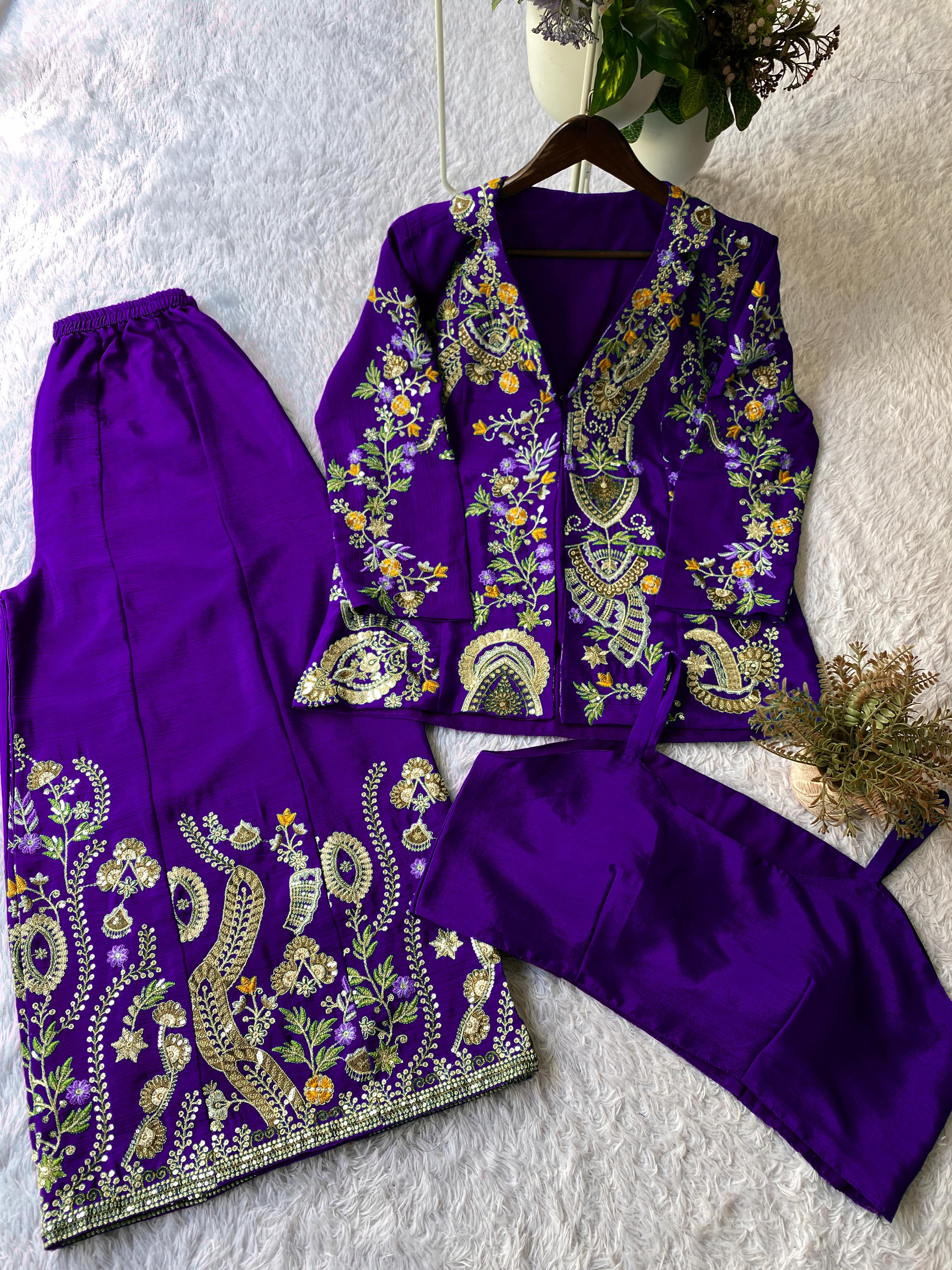 Designer Chinon 3-Piece Plazzo Set with Sequence Embroidery Designer Chinon 3-Piece Plazzo Set with Sequence Embroidery