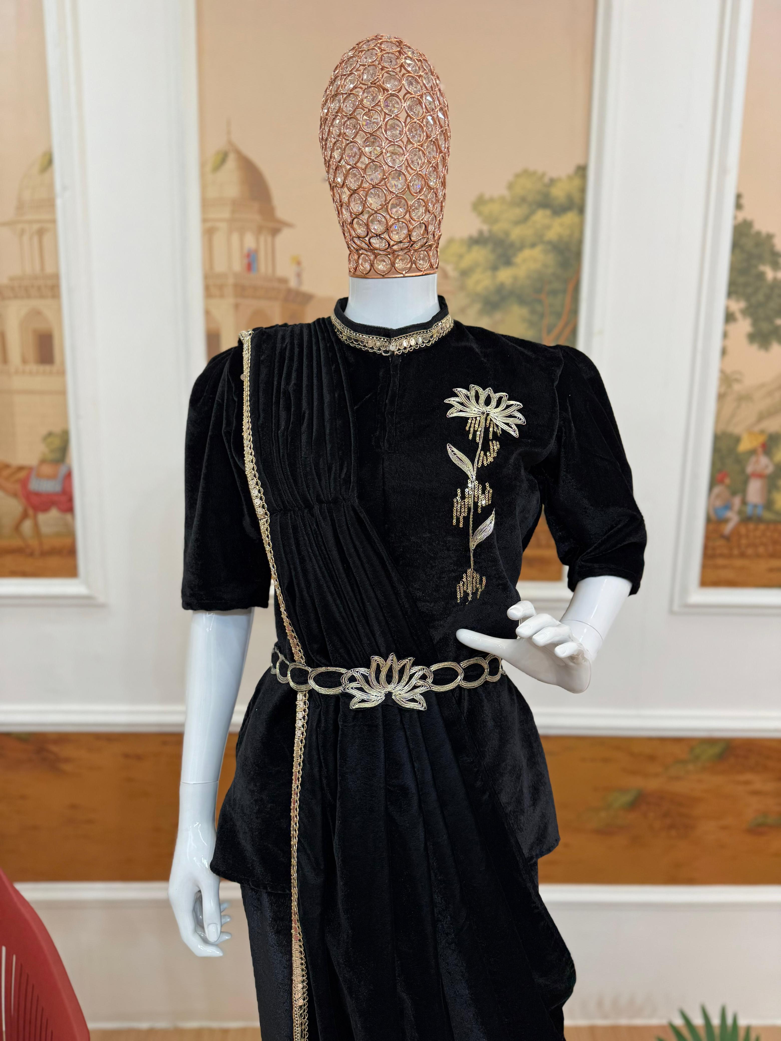 Indo-Western Embroidered Velvet Saree Set Indo-Western Embroidered Velvet Saree Set