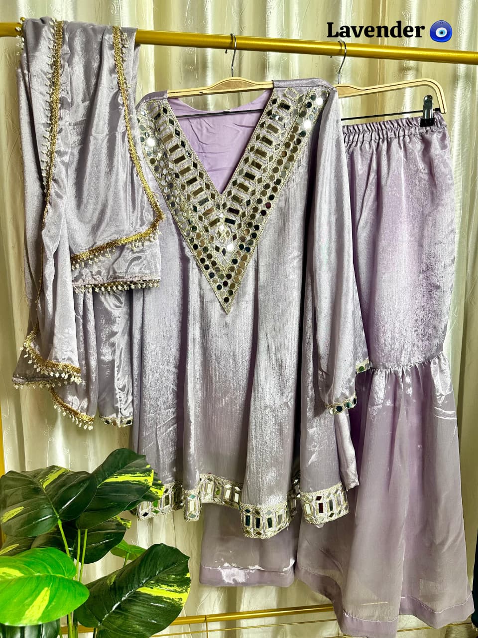 Designer Chinon Silk Peplum Dress with Gharara & Dupatta Designer Chinon Silk Peplum Dress with Gharara & Dupatta