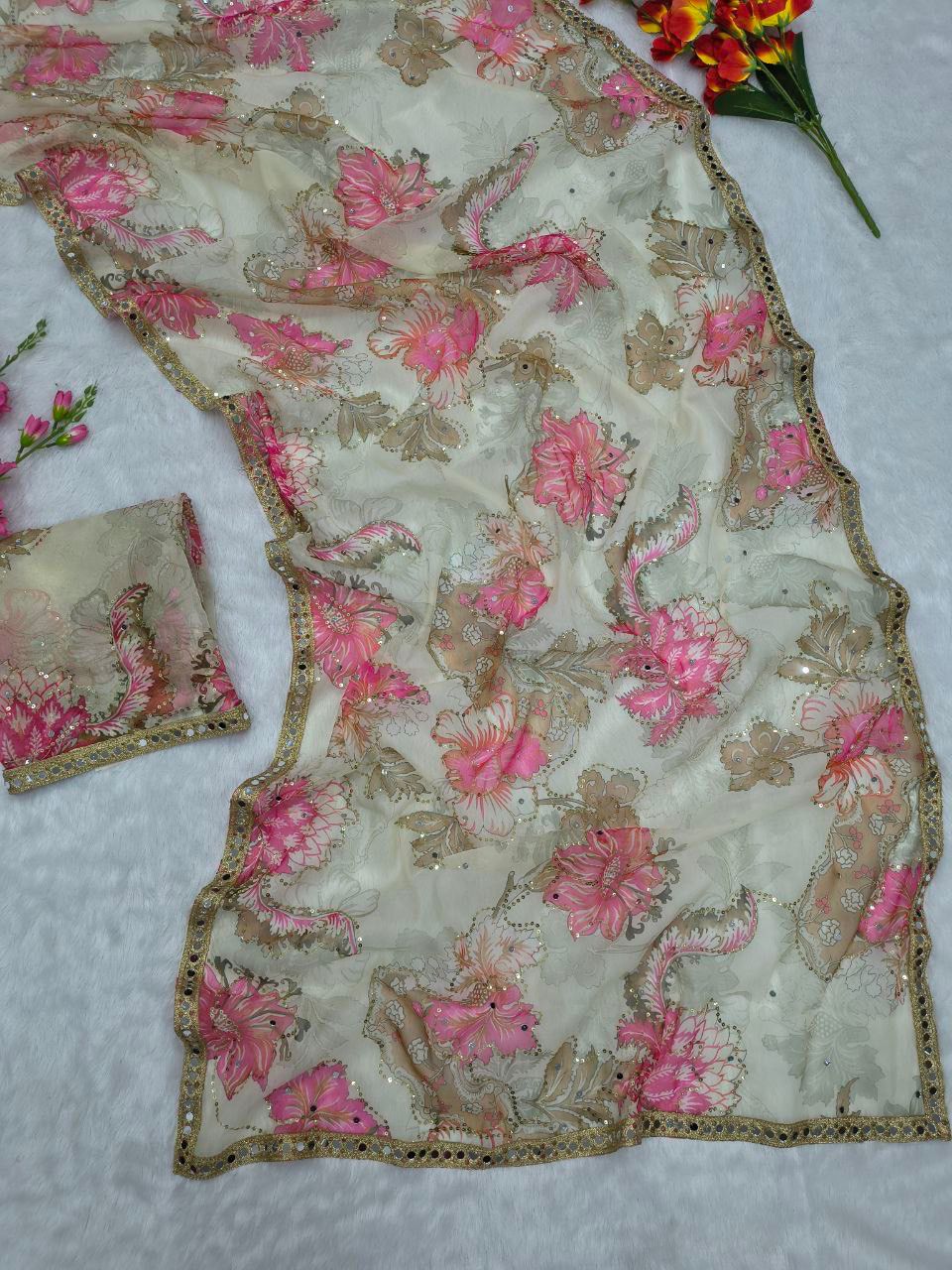 Premium Tabby Silk Printed Saree with Handwork & Real Mirror Lace Premium Tabby Silk Printed Saree with Handwork & Real Mirror Lace