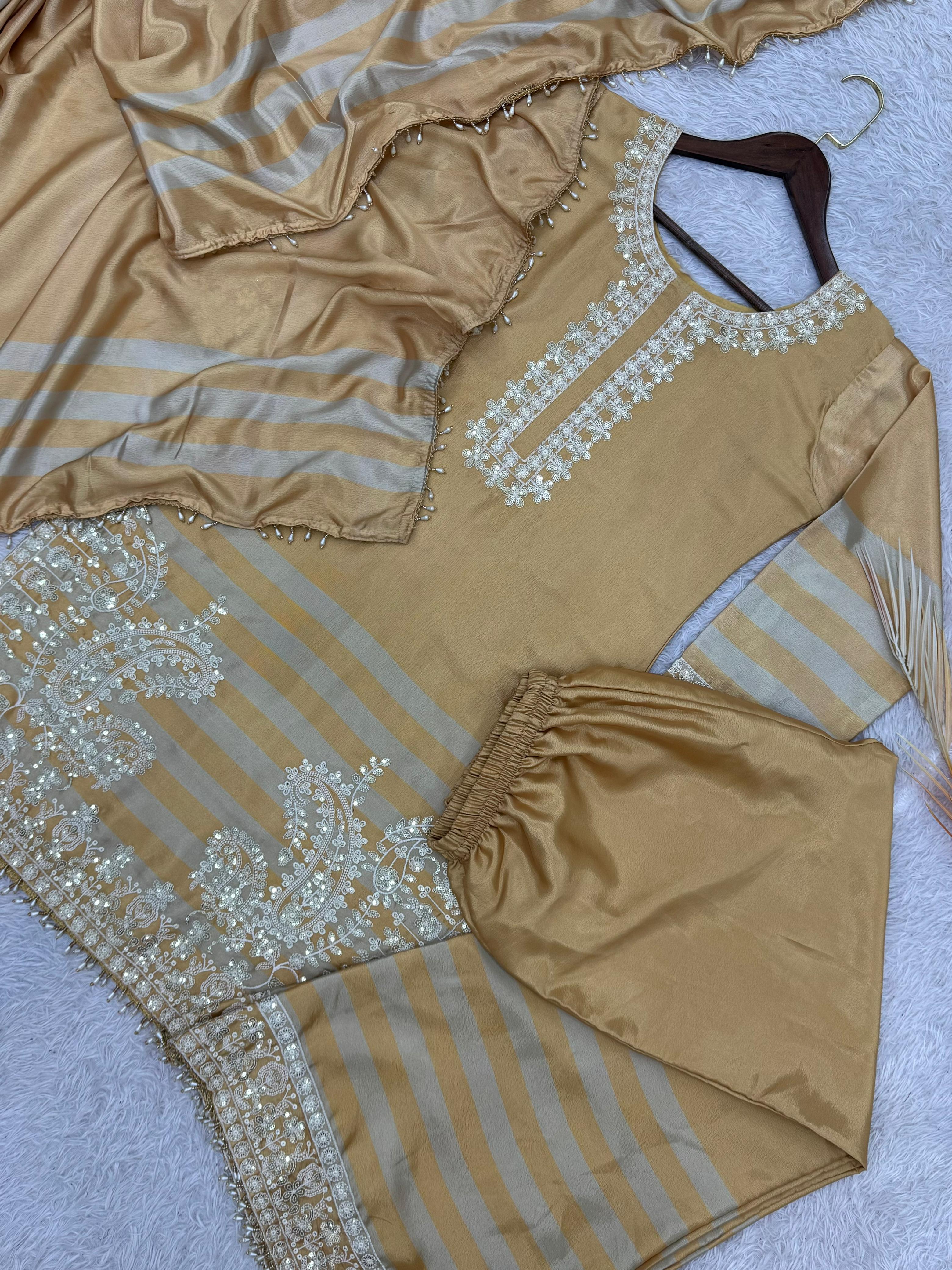 Embroidered Chinon Silk Top Plazzo Set with Dupatta Embroidered Chinon Silk Top Plazzo Set with Dupatta