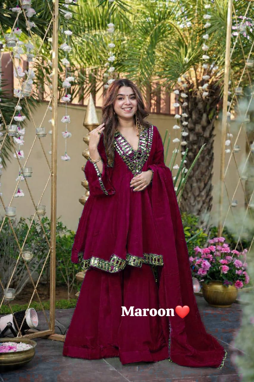 Designer Chinon Silk Peplum Dress with Gharara & Dupatta Designer Chinon Silk Peplum Dress with Gharara & Dupatta