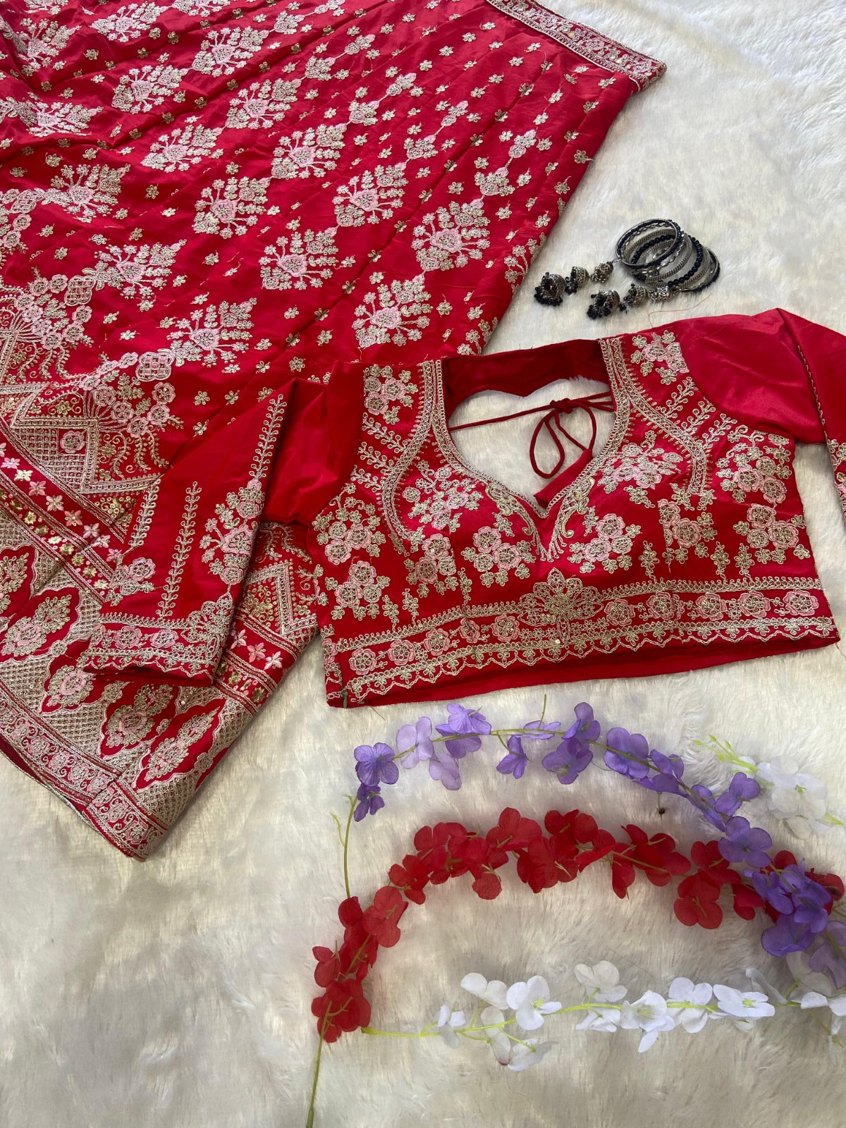 Designer Malai Satin Embroidered Lehenga Set Designer Malai Satin Embroidered Lehenga Set