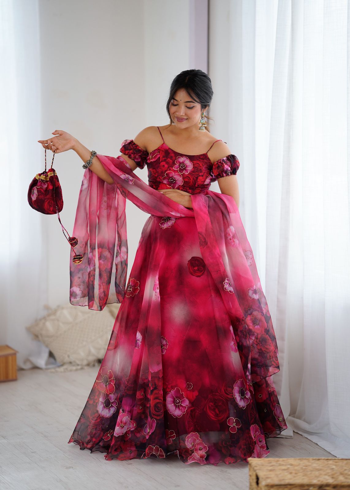 Exclusive Organza Digital Print Lehenga Set with Batwa Bag Exclusive Organza Digital Print Lehenga Set with Batwa Bag