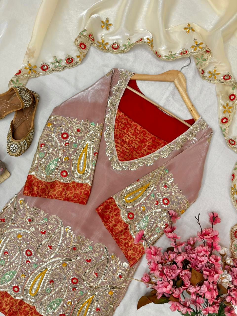 Pure Tissue Kurti Plazzo Set with Embroidered Dupatta Pure Tissue Kurti Plazzo Set with Embroidered Dupatta