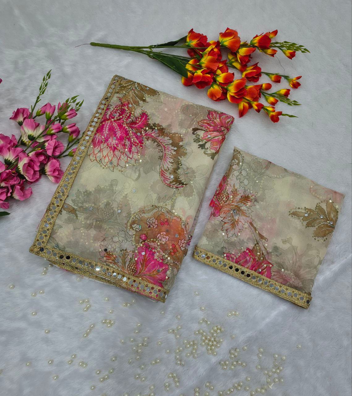 Premium Tabby Silk Printed Saree with Handwork & Real Mirror Lace Premium Tabby Silk Printed Saree with Handwork & Real Mirror Lace