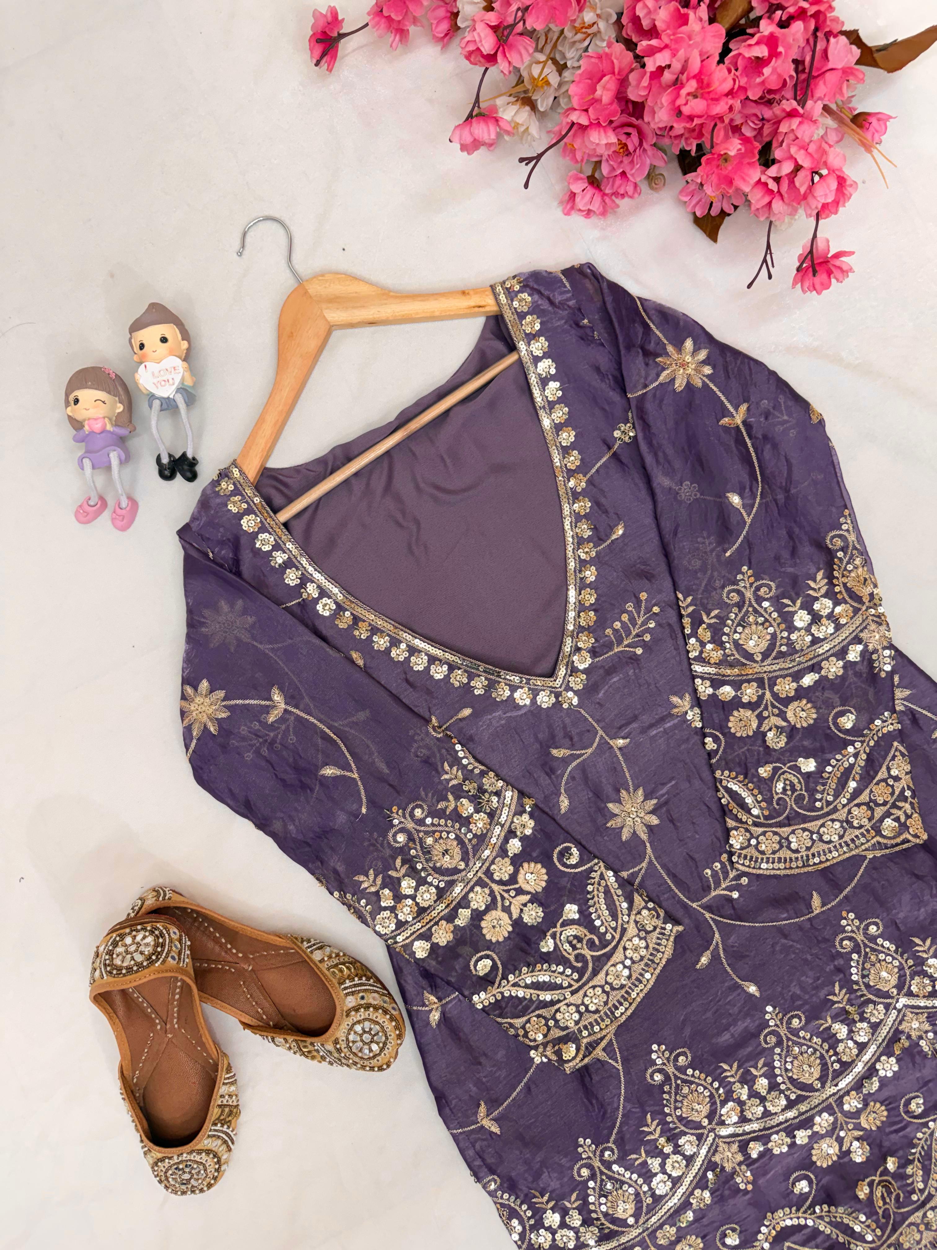 Kurti Blouse-Plazzo Set with Zari & Sequins Embroidery Kurti Blouse-Plazzo Set with Zari & Sequins Embroidery