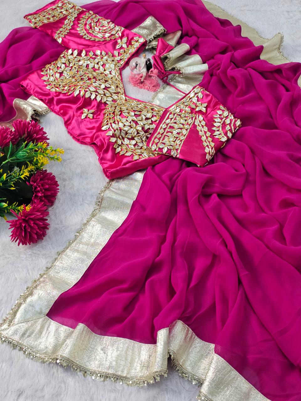 Premium Hand Charkhi Gotta Patti Saree with Stitched Blouse Premium Hand Charkhi Gotta Patti Saree with Stitched Blouse