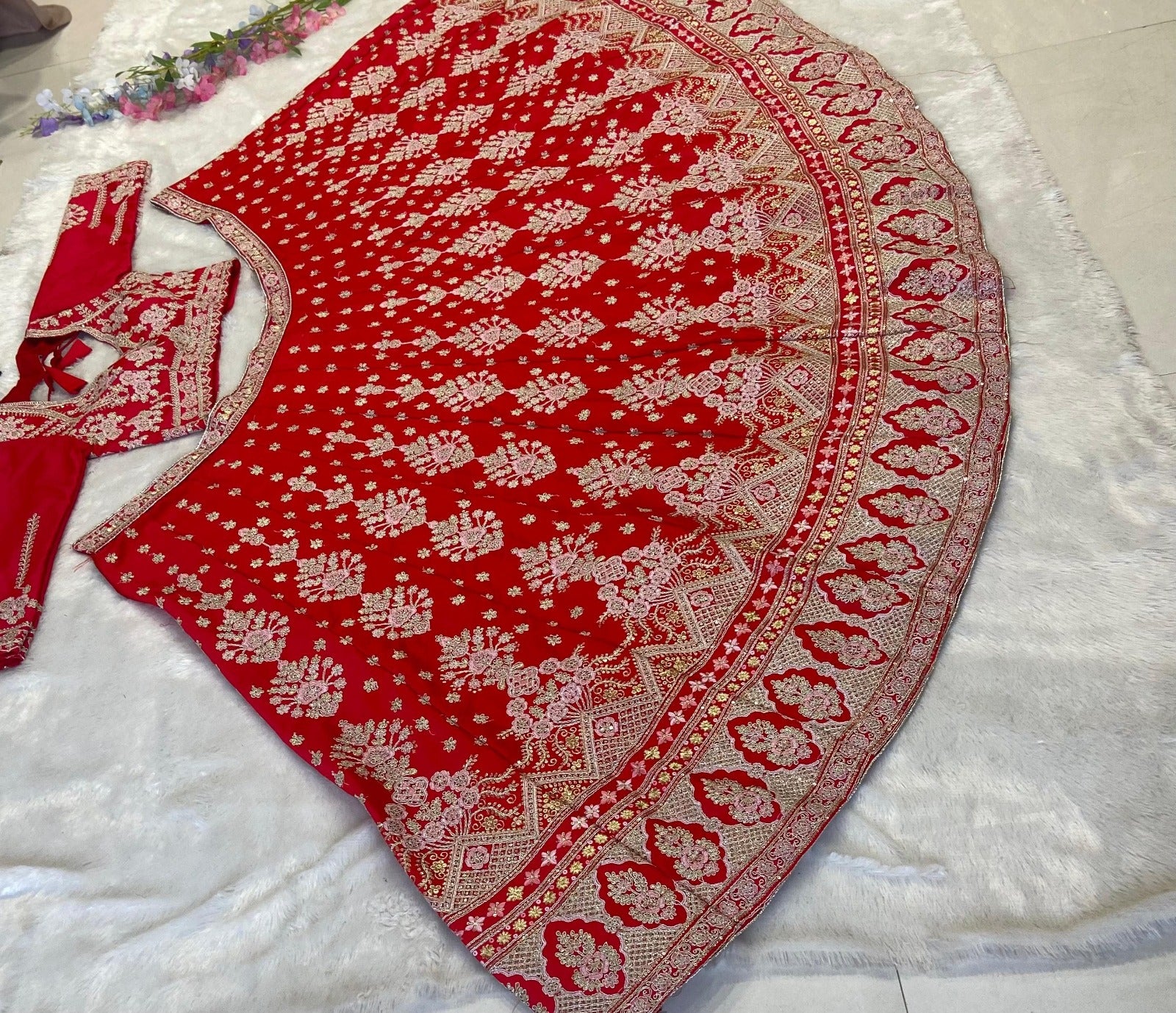 Designer Malai Satin Embroidered Lehenga Set Designer Malai Satin Embroidered Lehenga Set