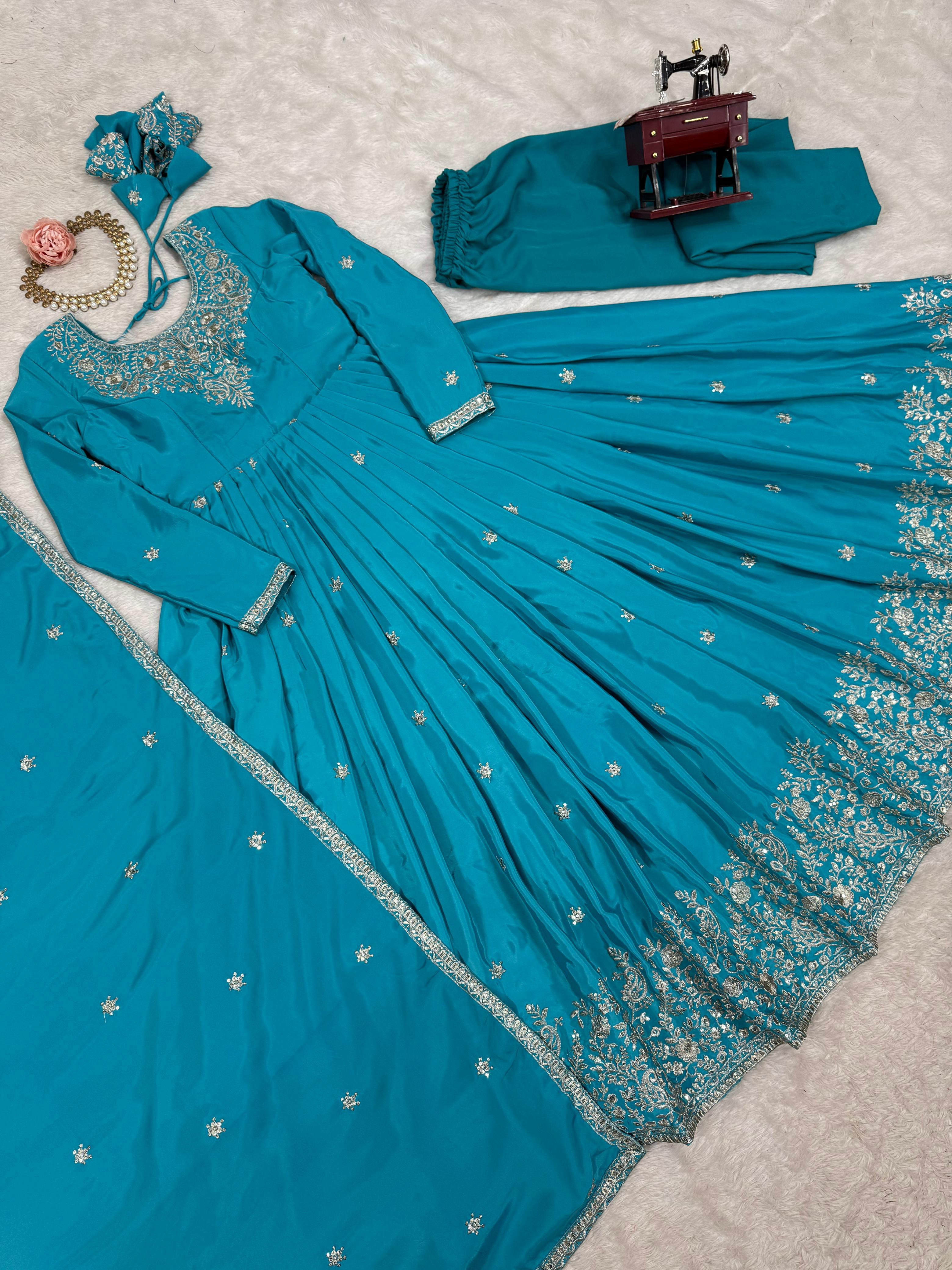Designer American Silk Gown Set with Embroidery Designer American Silk Gown Set with Embroidery