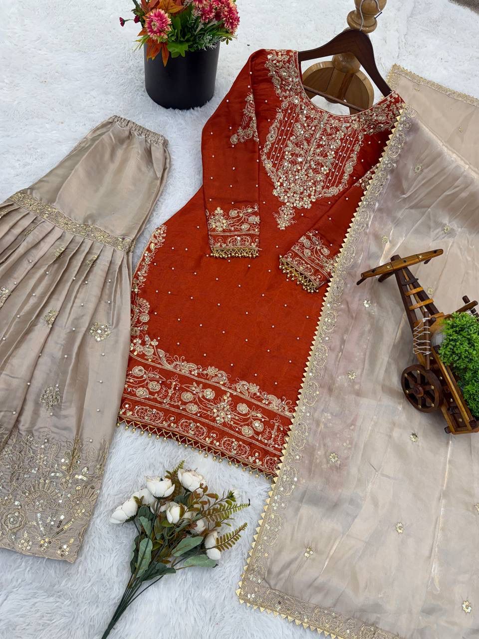 Designer GMY Silk Embroidered Top Plazzo Dupatta Set Designer GMY Silk Embroidered Top Plazzo Dupatta Set