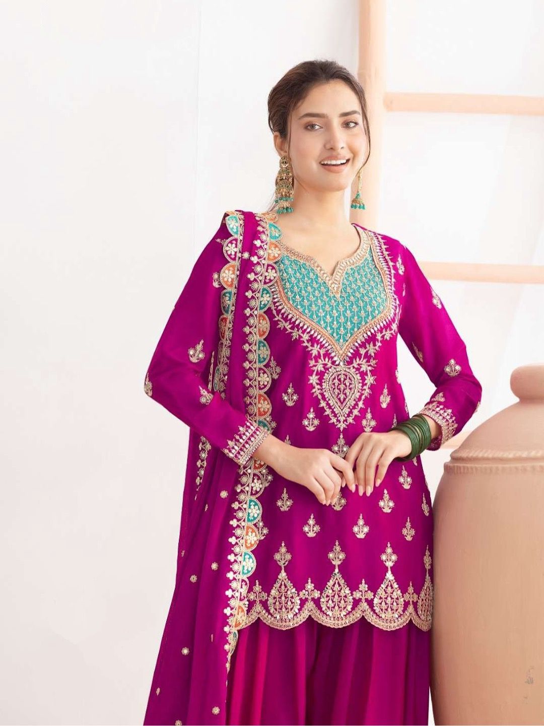 Designer Chinon Silk Party Sharara Suit Set Designer Chinon Silk Party Sharara Suit Set