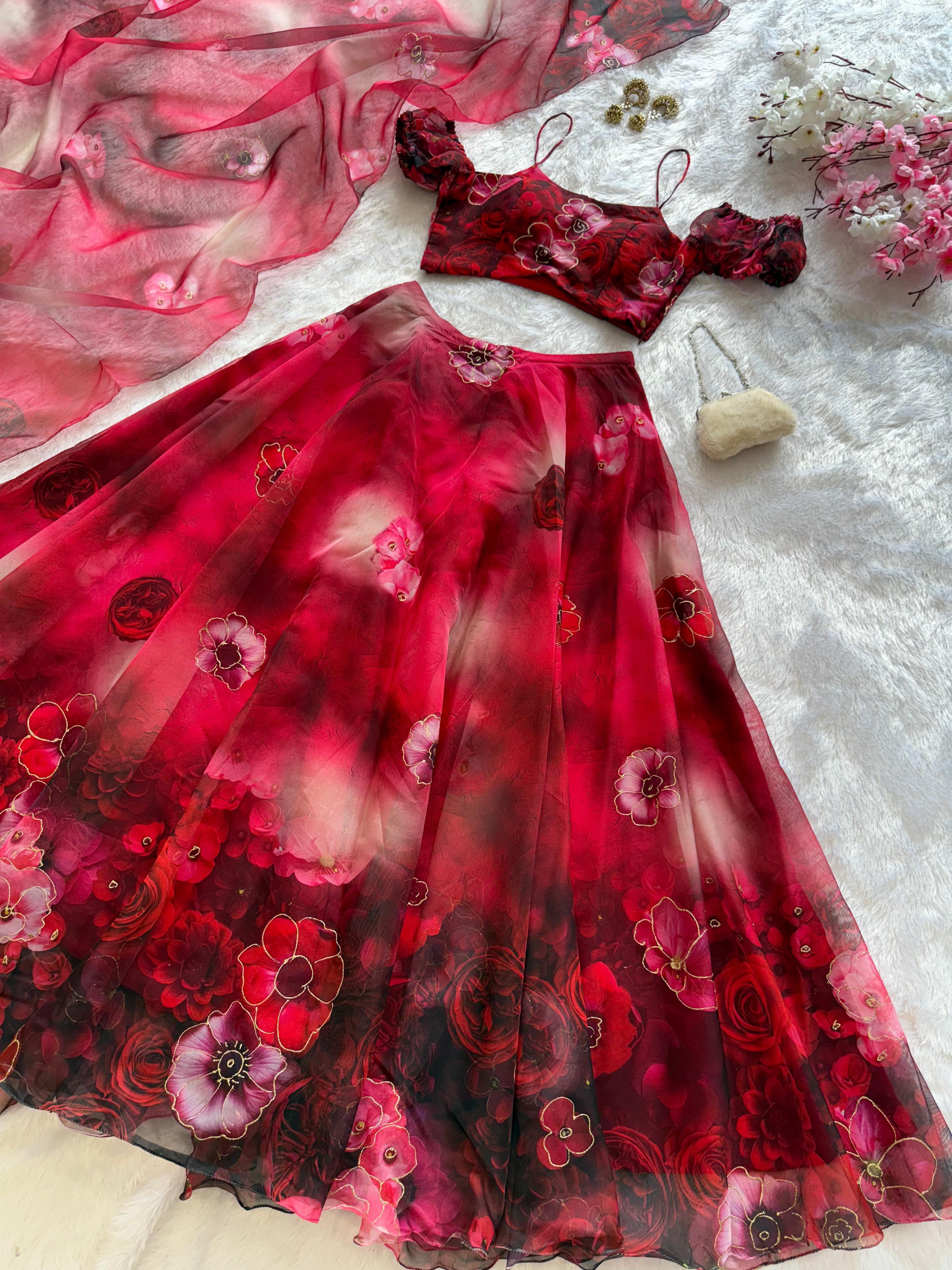 Exclusive Organza Digital Print Lehenga Set with Batwa Bag Exclusive Organza Digital Print Lehenga Set with Batwa Bag