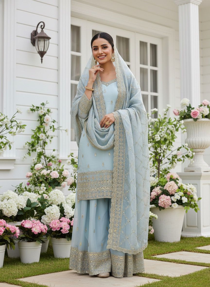 Ready-to-Wear Fancy Embroidered Top-Plazzo Set with Dupatta Ready-to-Wear Fancy Embroidered Top-Plazzo Set with Dupatta