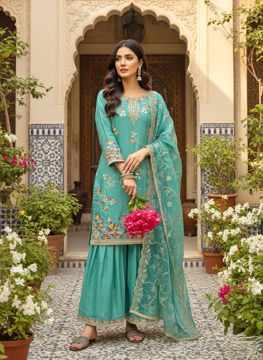 Premium Designer GMY Silk Top Plazzo with Dupatta Set Premium Designer GMY Silk Top Plazzo with Dupatta Set
