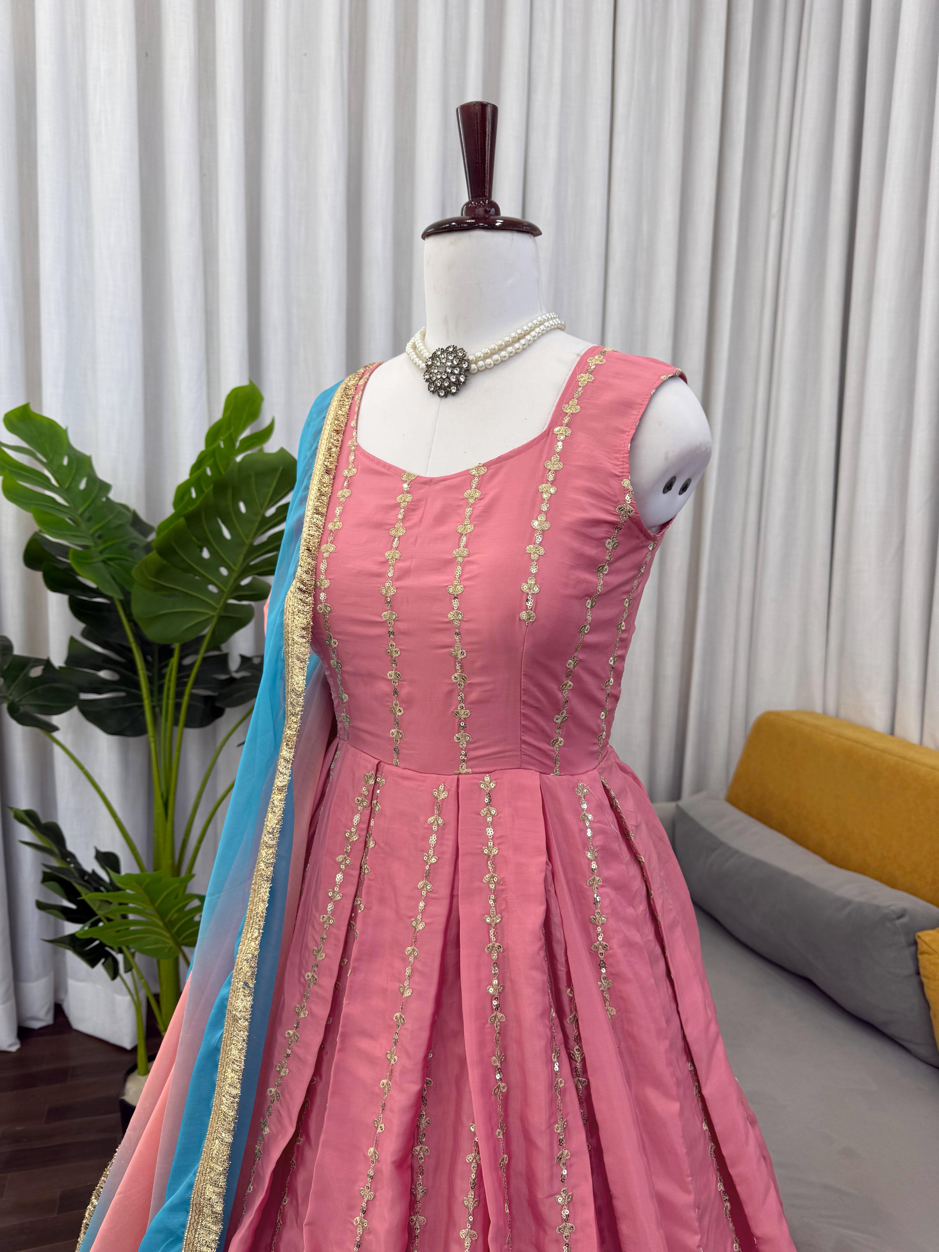 Chinon Silk Anarkali Gown with Organza Dupatta Chinon Silk Anarkali Gown with Organza Dupatta