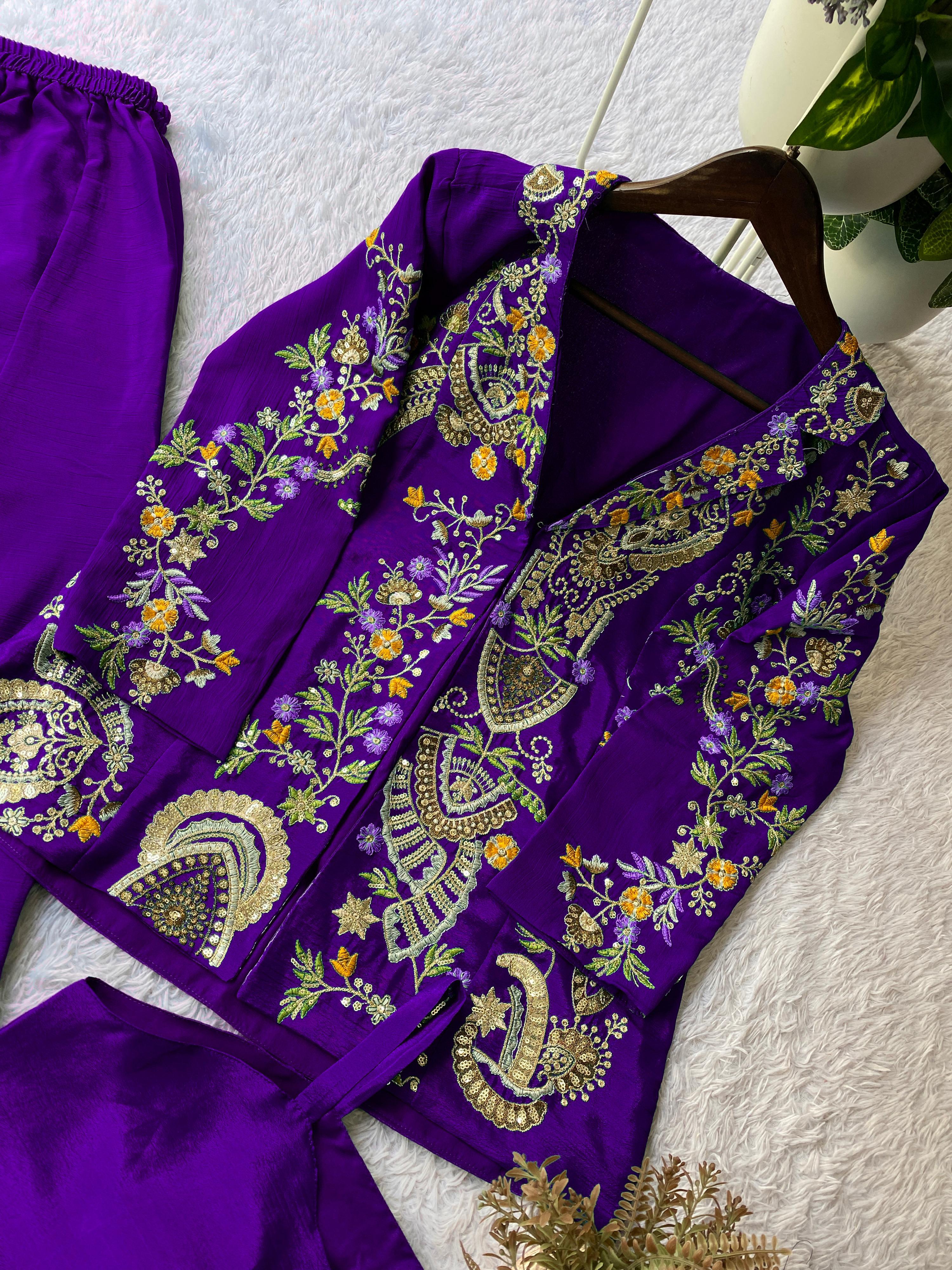 Designer Chinon 3-Piece Plazzo Set with Sequence Embroidery Designer Chinon 3-Piece Plazzo Set with Sequence Embroidery