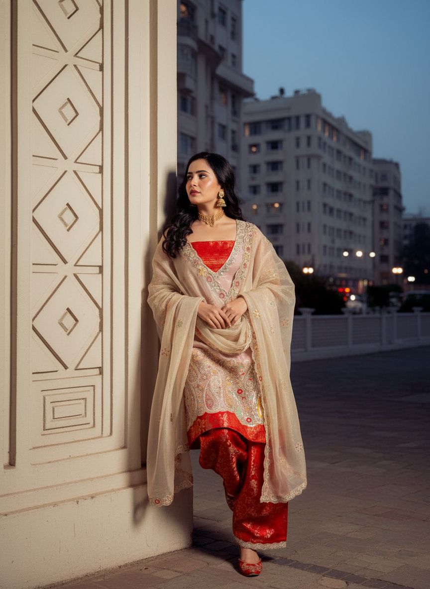 Pure Tissue Kurti Plazzo Set with Embroidered Dupatta Pure Tissue Kurti Plazzo Set with Embroidered Dupatta