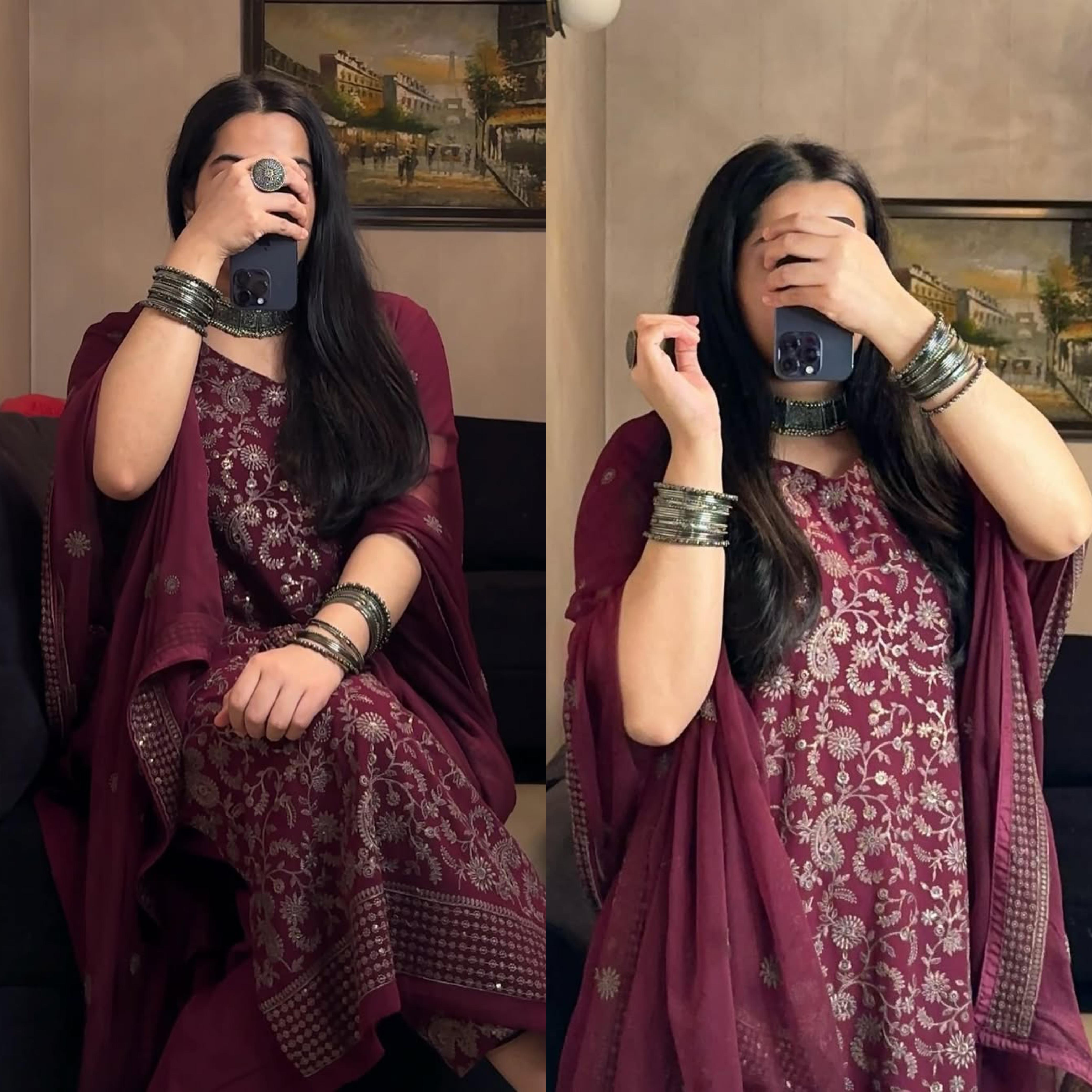 Fancy Faux Georgette Sequence Embroidered Top Pant Set with Dupatta Fancy Faux Georgette Sequence Embroidered Top Pant Set with Dupatta