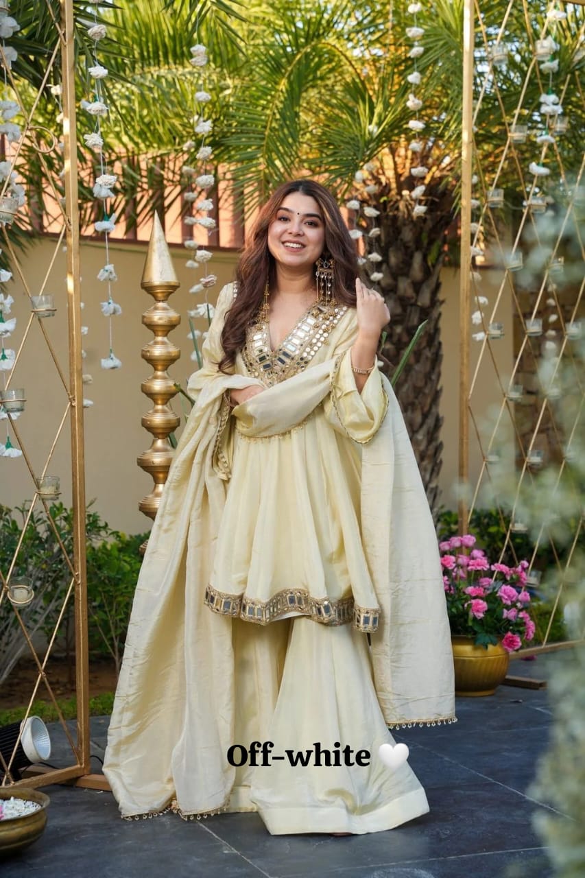 Designer Chinon Silk Peplum Dress with Gharara & Dupatta Designer Chinon Silk Peplum Dress with Gharara & Dupatta