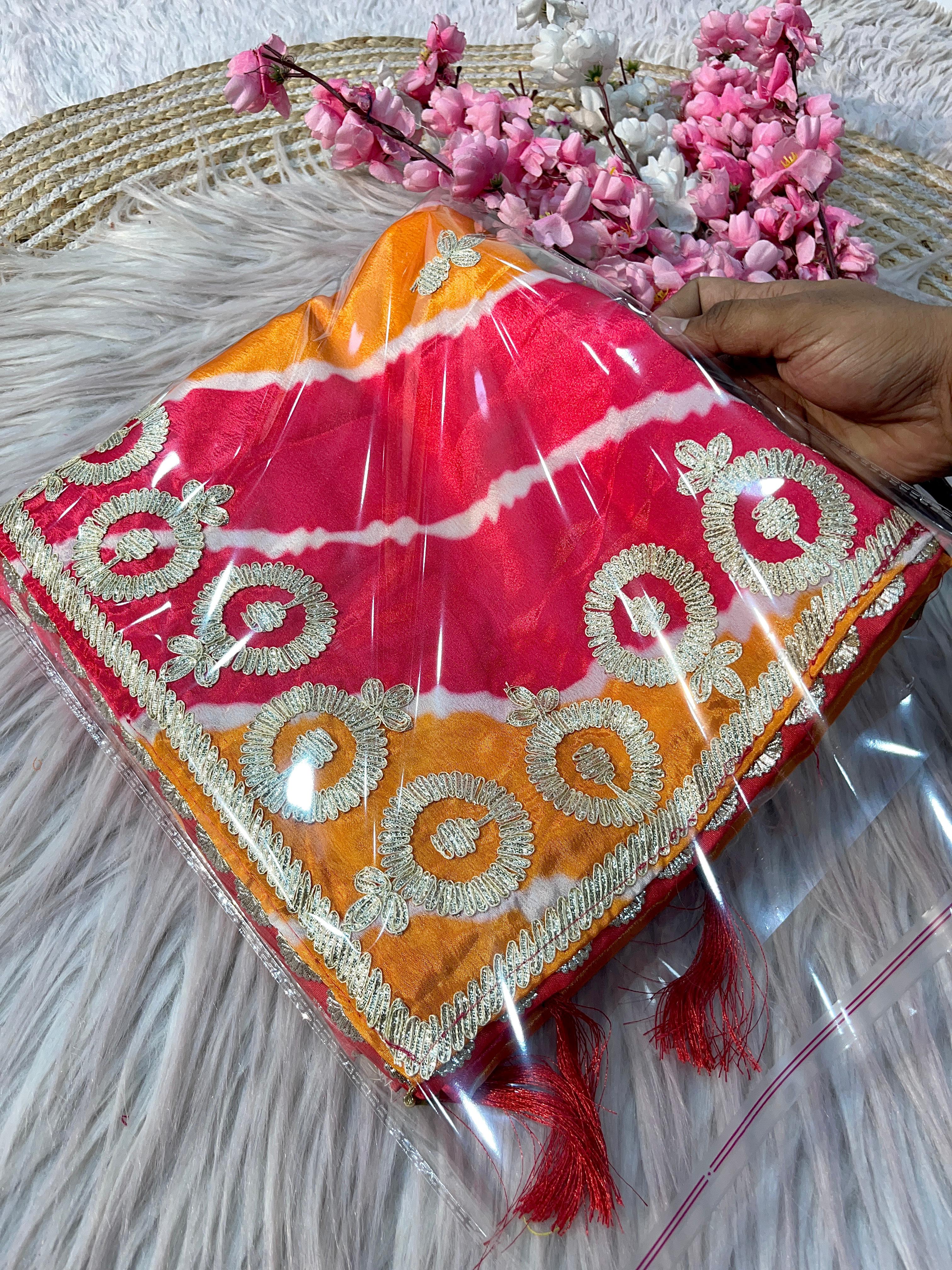 Soft Chinon Silk Lehriya Saree with Gota Work Soft Chinon Silk Lehriya Saree with Gota Work
