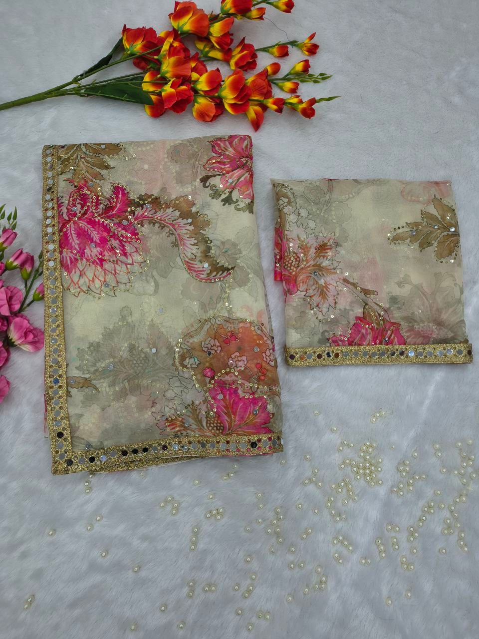 Premium Tabby Silk Printed Saree with Handwork & Real Mirror Lace Premium Tabby Silk Printed Saree with Handwork & Real Mirror Lace