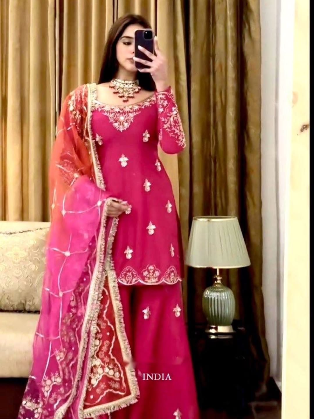 Designer Cinon Silk Top, Sharara & Dupatta Set Designer Cinon Silk Top, Sharara & Dupatta Set