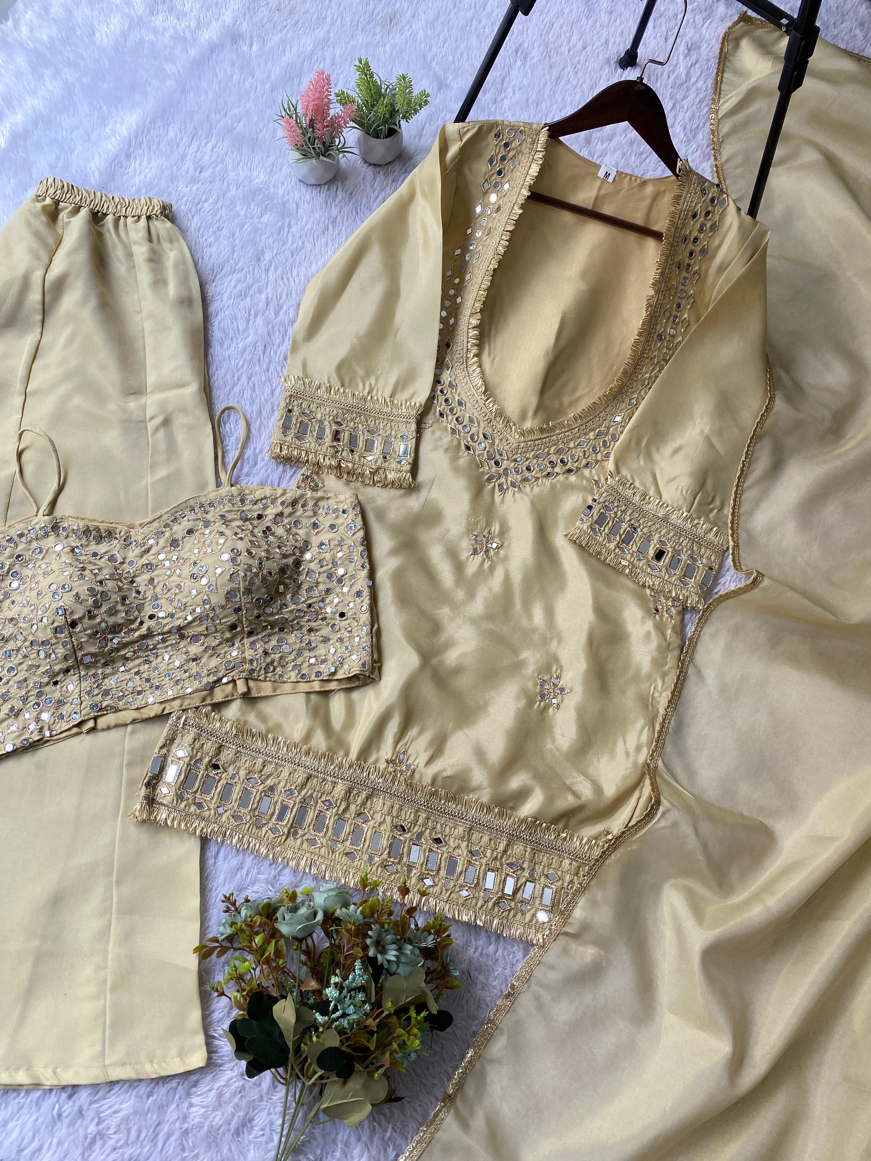 Exclusive 4-Piece Palazzo Set with Real Mirror Work Exclusive 4-Piece Palazzo Set with Real Mirror Work