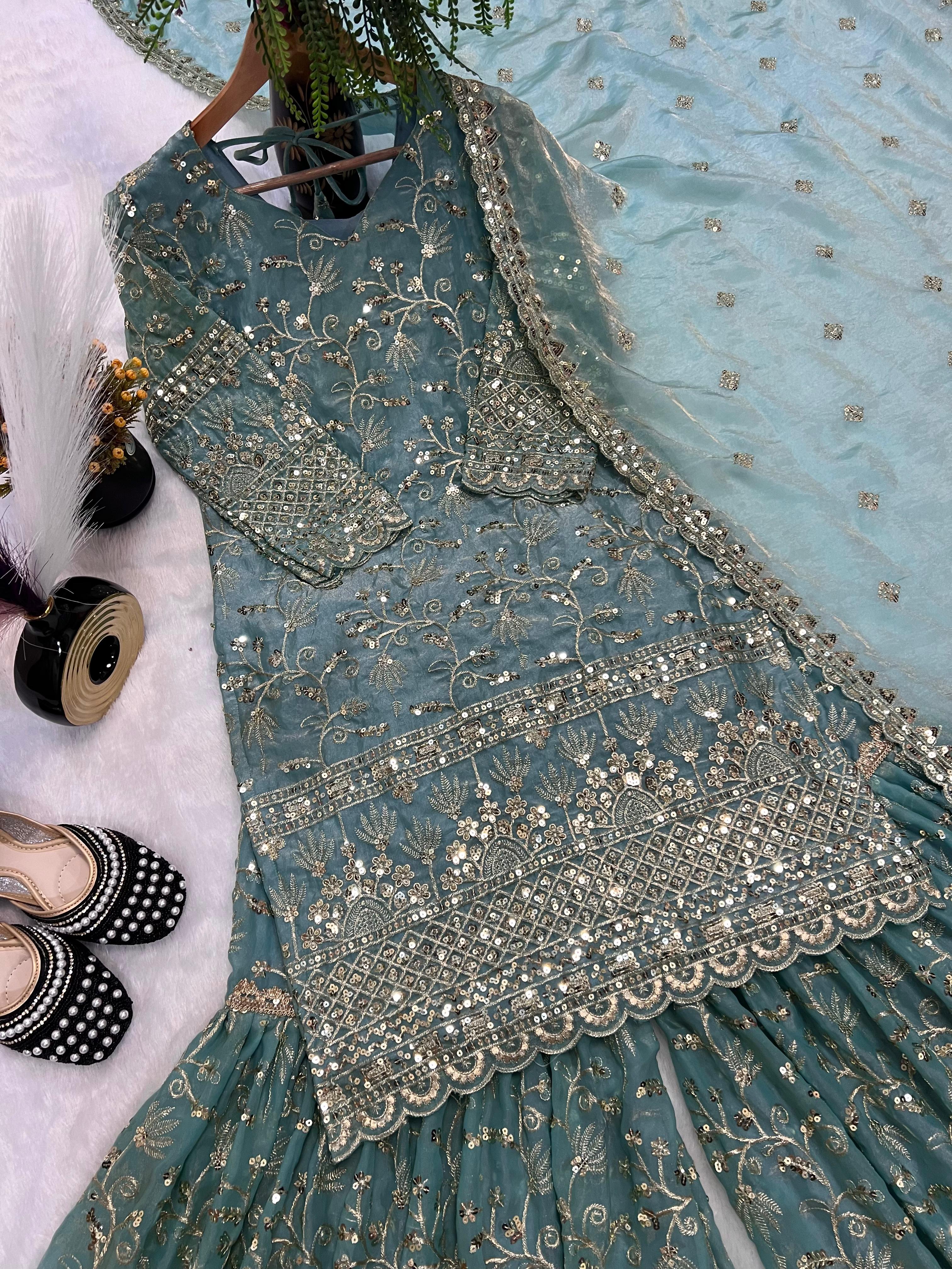 Designer Party Wear Top Sharara Palazzo Set with Dupatta Designer Party Wear Top Sharara Palazzo Set with Dupatta