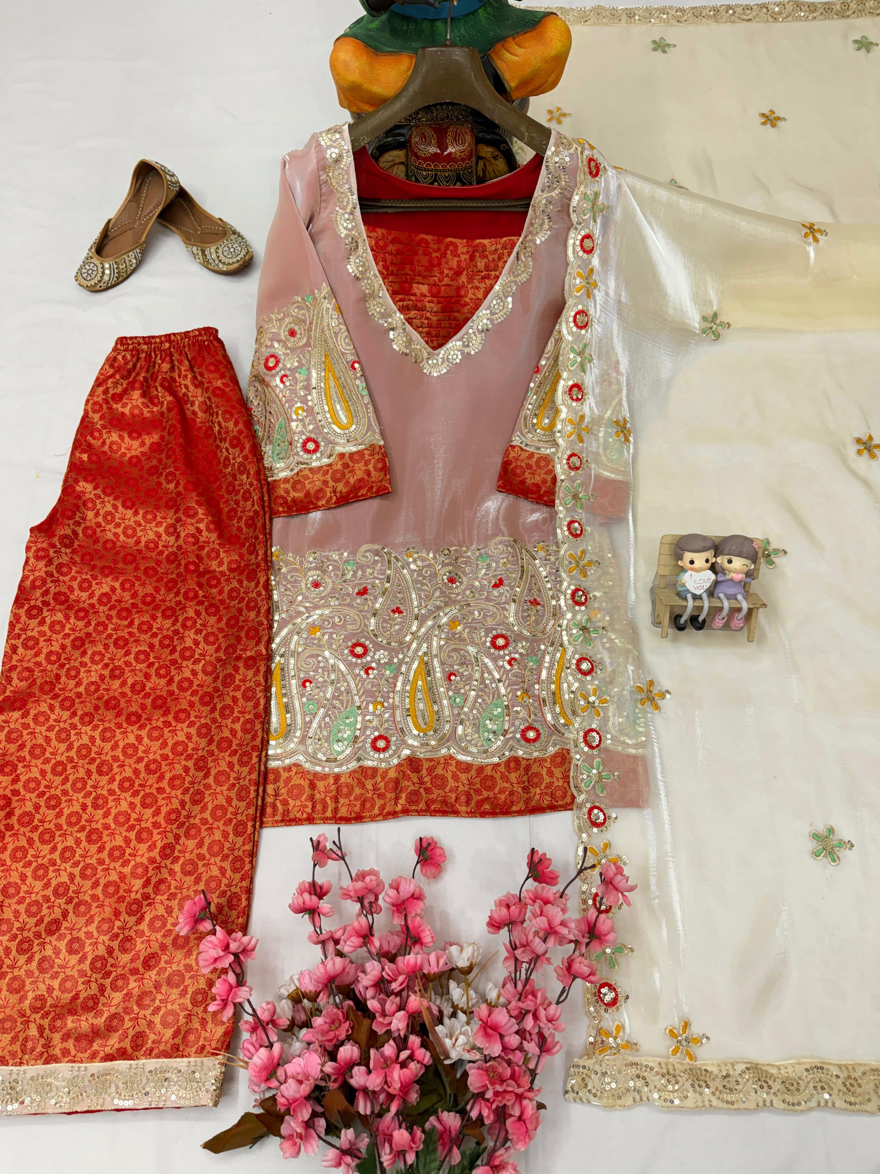 Pure Tissue Kurti Plazzo Set with Embroidered Dupatta Pure Tissue Kurti Plazzo Set with Embroidered Dupatta