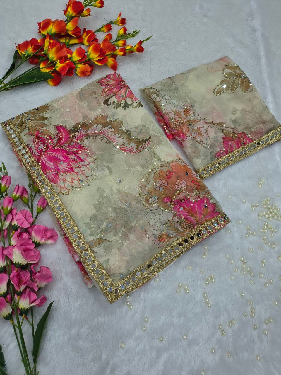 Premium Tabby Silk Printed Saree with Handwork & Real Mirror Lace Premium Tabby Silk Printed Saree with Handwork & Real Mirror Lace