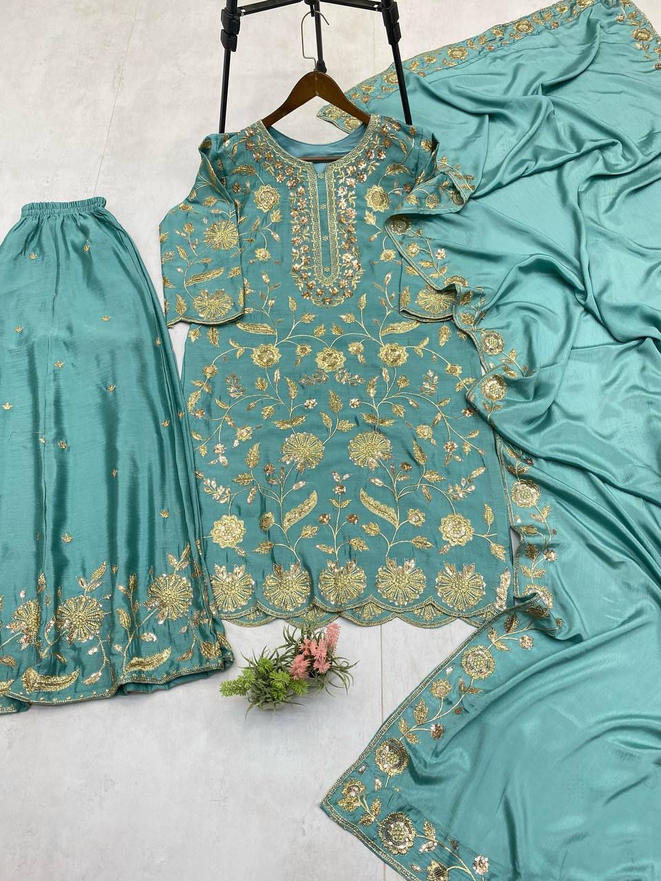 Sequence Embroidered Chinon Top Plazzo Set with Dupatta Sequence Embroidered Chinon Top Plazzo Set with Dupatta
