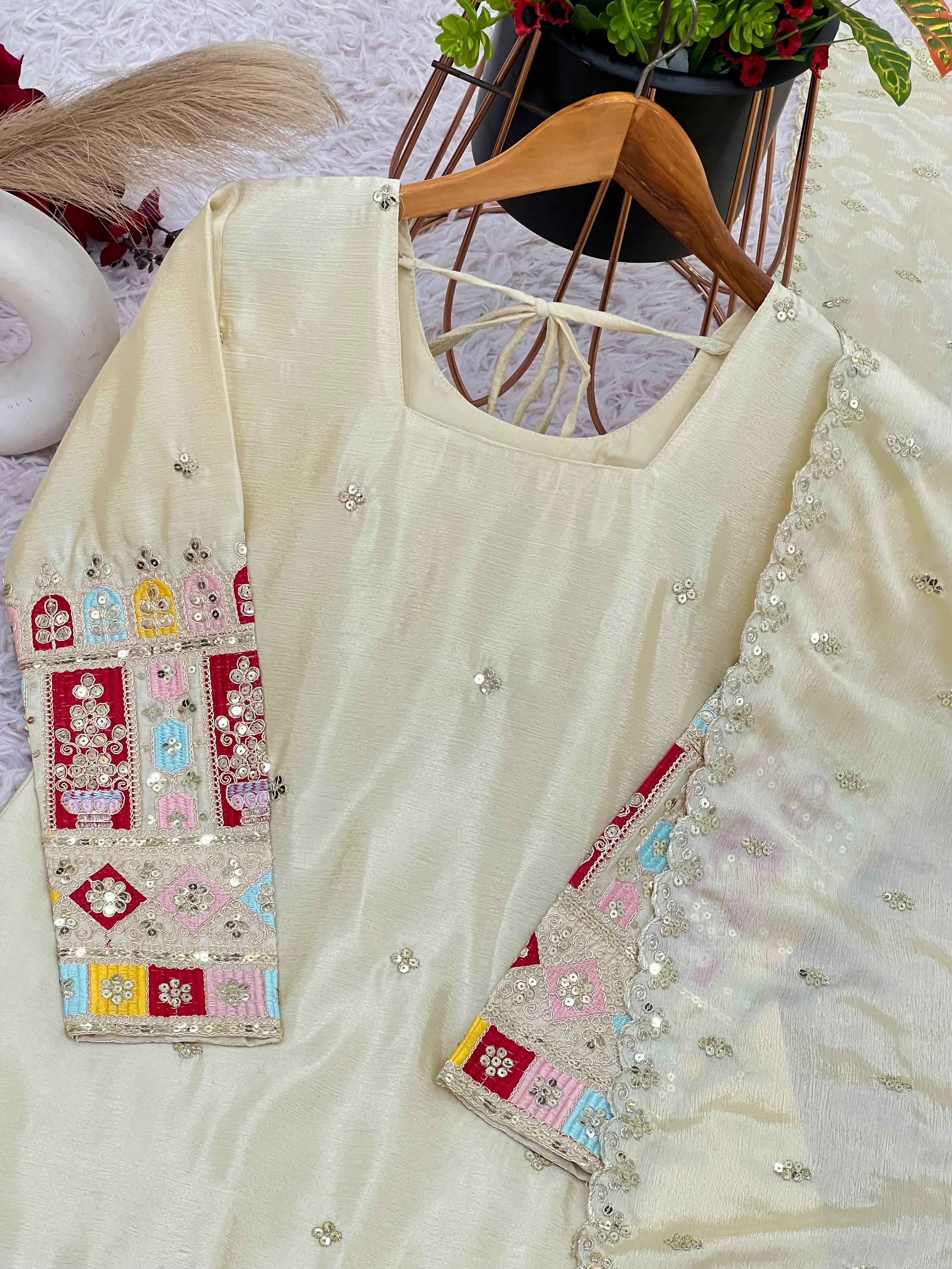 Heavy Embroidery Chinon Silk Top Gharara Dupatta Set Heavy Embroidery Chinon Silk Top Gharara Dupatta Set