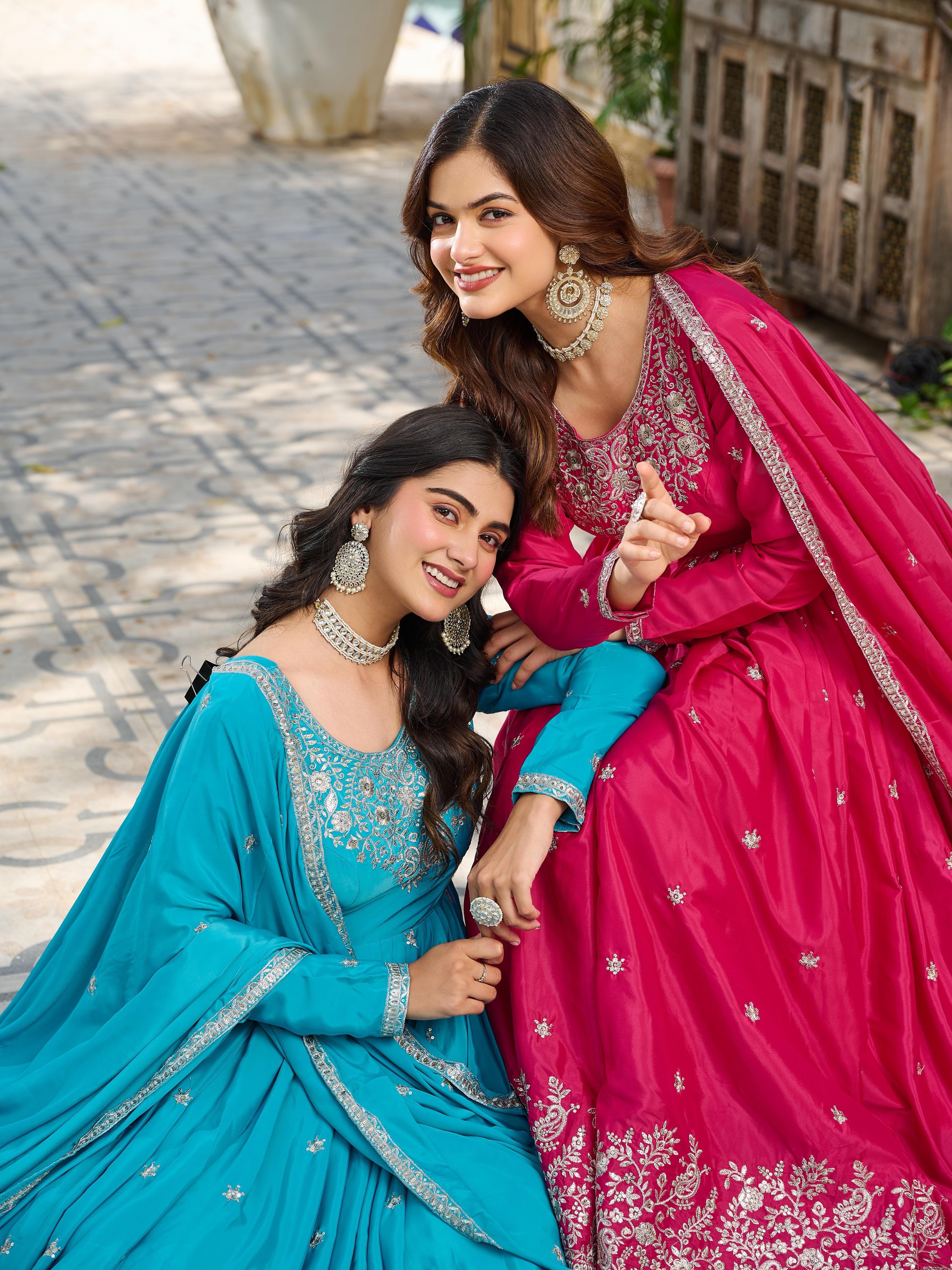 Designer American Silk Gown Set with Embroidery Designer American Silk Gown Set with Embroidery