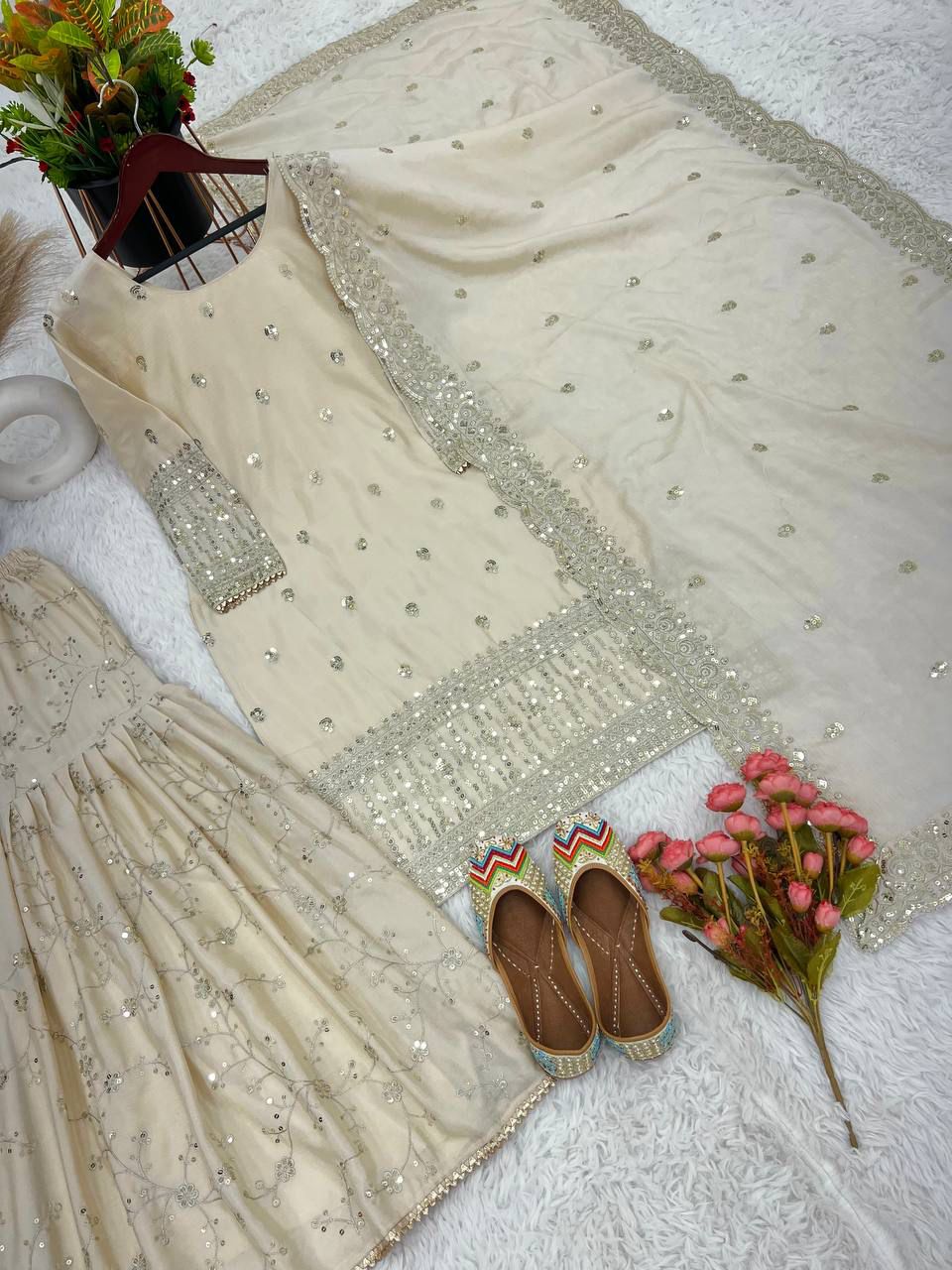 Pure Chinnon Embroidered Top Gharara Dupatta Set Pure Chinnon Embroidered Top Gharara Dupatta Set