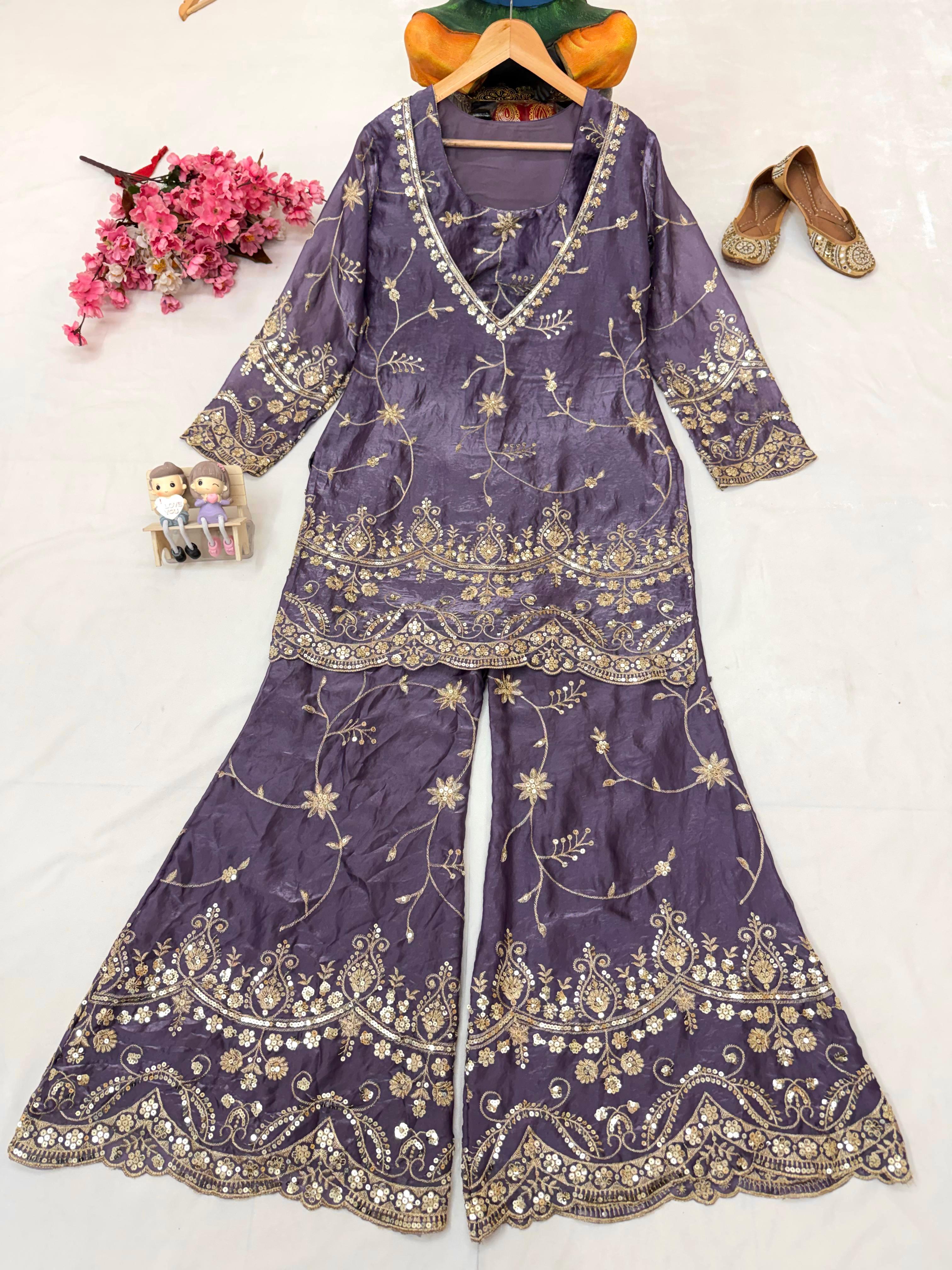 Kurti Blouse-Plazzo Set with Zari & Sequins Embroidery Kurti Blouse-Plazzo Set with Zari & Sequins Embroidery