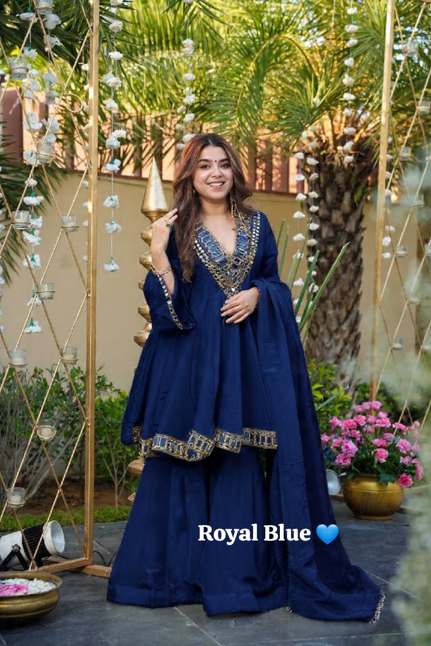 Designer Chinon Silk Peplum Dress with Gharara & Dupatta Designer Chinon Silk Peplum Dress with Gharara & Dupatta