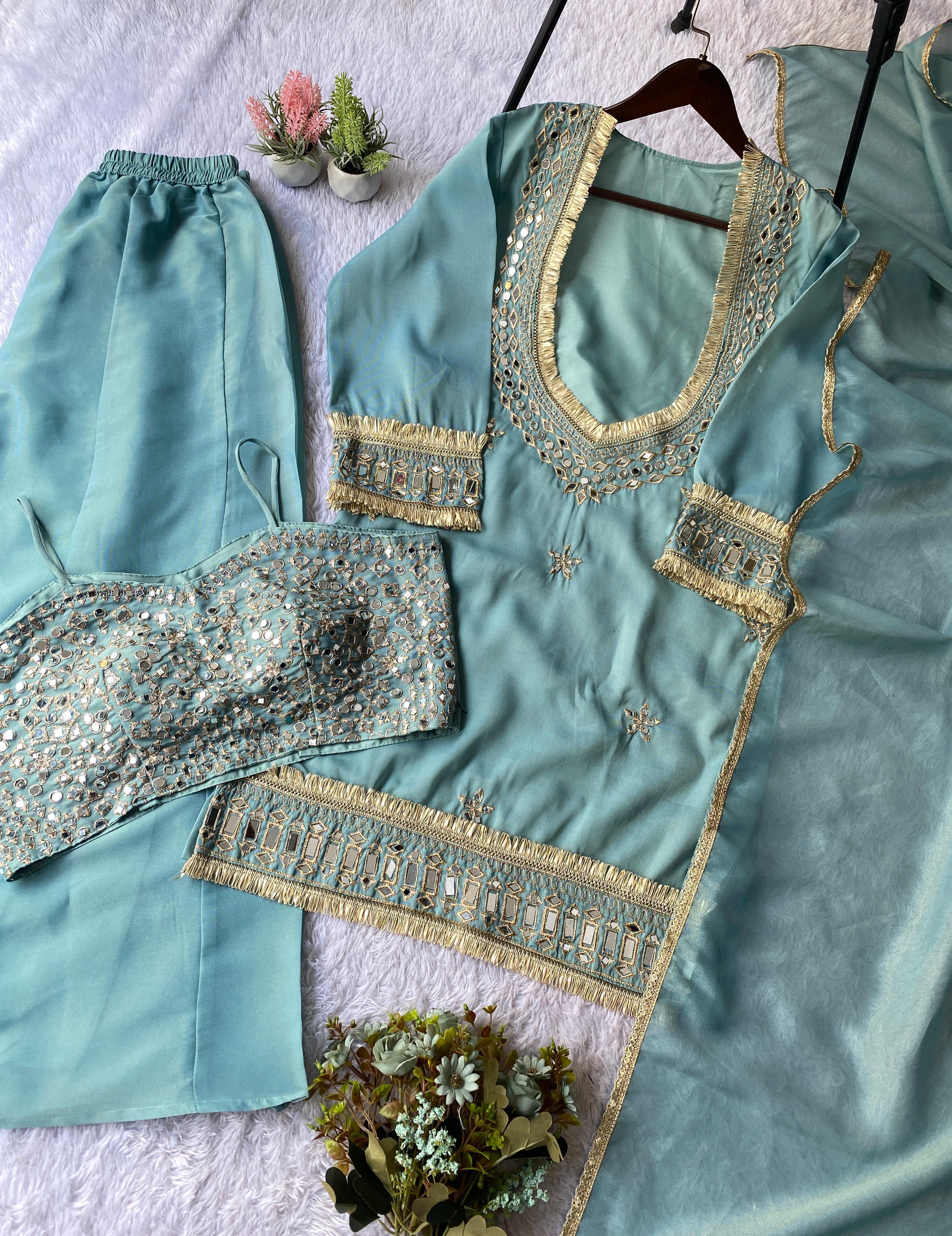 Exclusive 4-Piece Palazzo Set with Real Mirror Work Exclusive 4-Piece Palazzo Set with Real Mirror Work