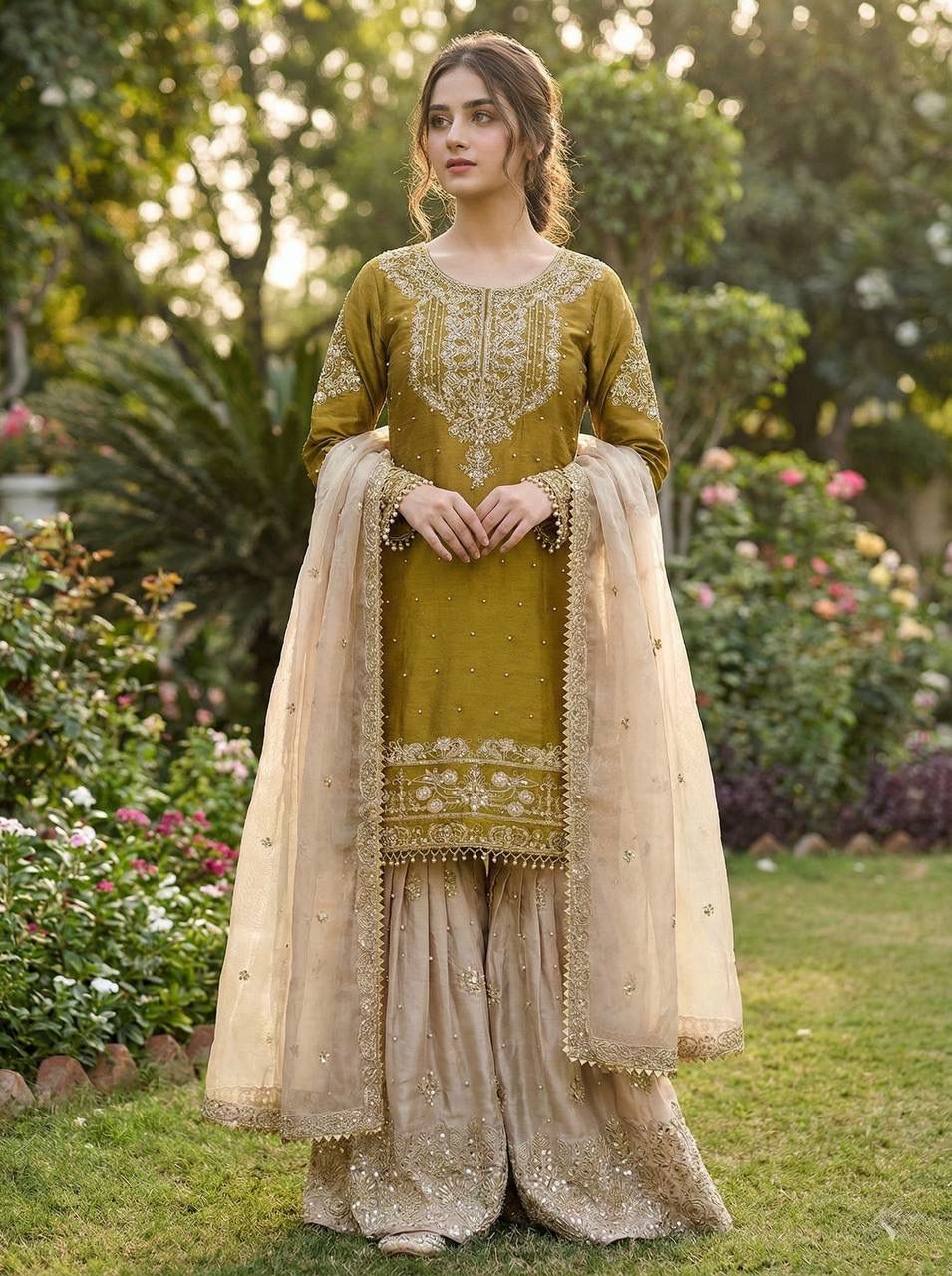 Designer GMY Silk Embroidered Top Plazzo Dupatta Set Designer GMY Silk Embroidered Top Plazzo Dupatta Set