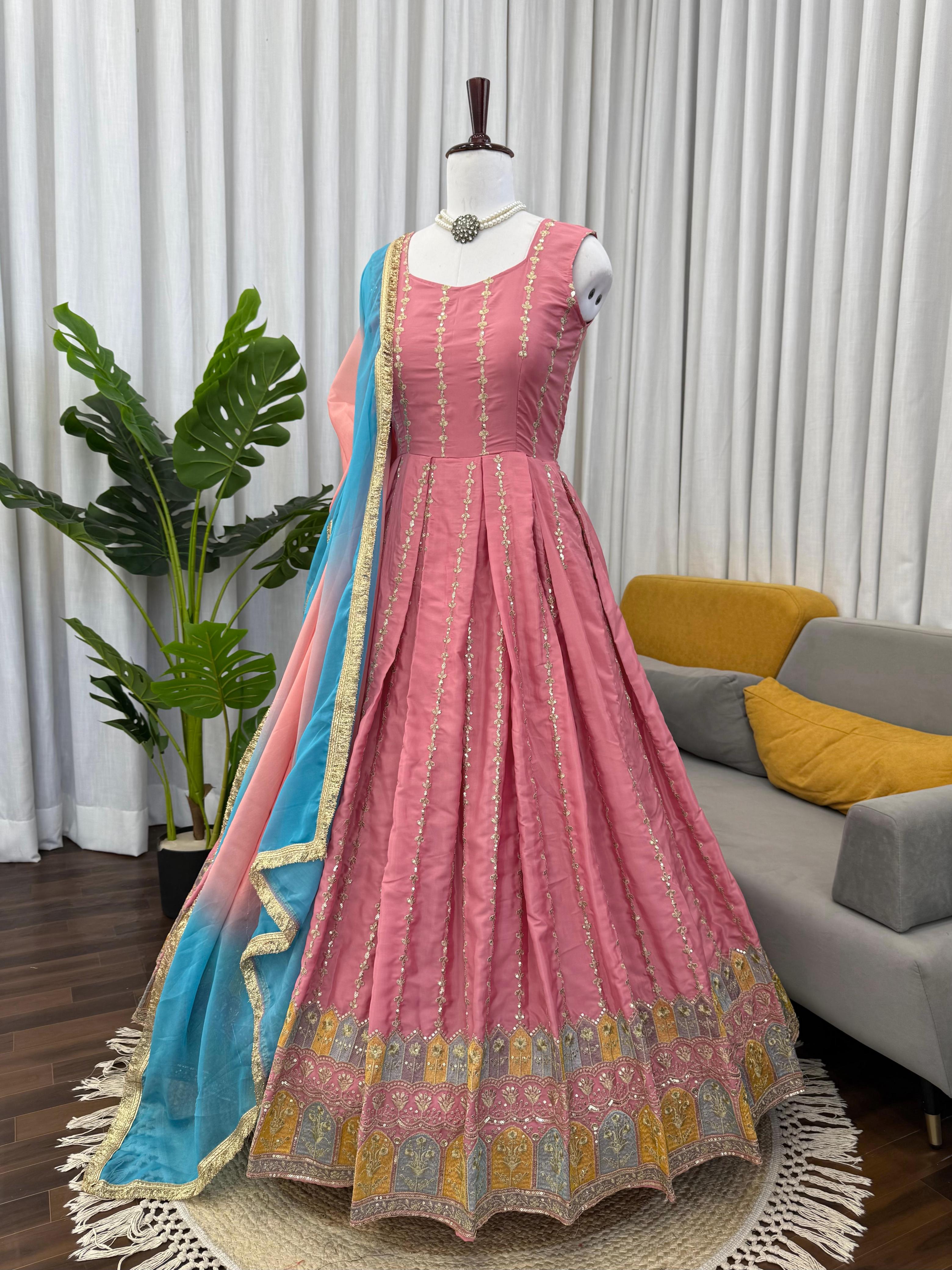 Chinon Silk Anarkali Gown with Organza Dupatta Chinon Silk Anarkali Gown with Organza Dupatta