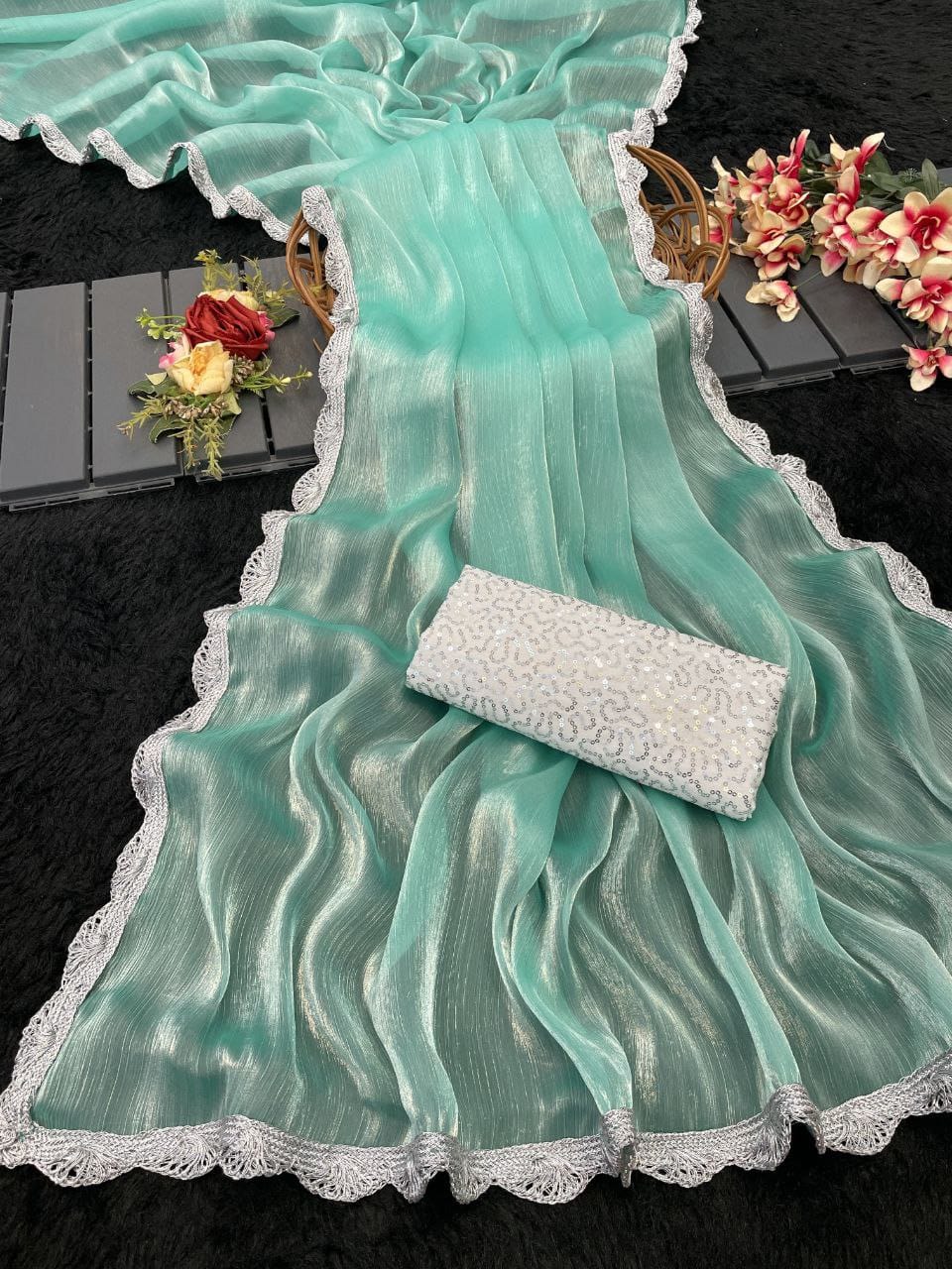 Bollywood Trending Jimmy Choo Saree with Embroidered Blouse Bollywood Trending Jimmy Choo Saree with Embroidered Blouse